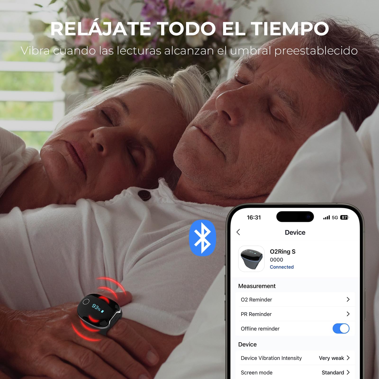 Wellue O2Ring-S - Oxímetro de pulso Bluetooth con vibración, 24 horas de duración de la batería, monitor de oxígeno para adultos, monitor de sueño con memoria integrada de 4 x 10 horas