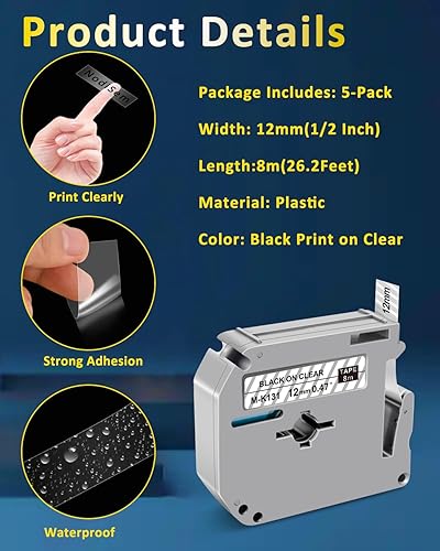 Miniatura 3 de PT-M95 - Cinta para etiquetadora de repuesto transparente para Brother M Tape MK-131 MK131 P Touch, compatible con rotuladoras Brother PT-65 PT-80