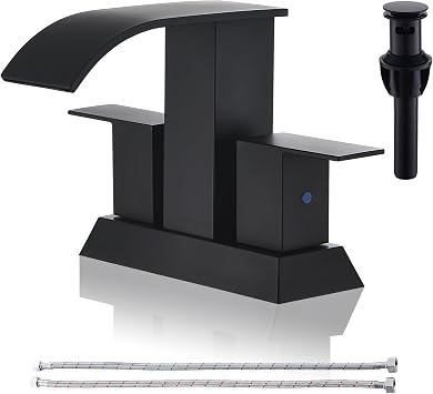 Black Waterfall Bathroom Faucet - 4Inch 2 or 3 Holes Centerset Faucet Bathroom | Two Handles Widespread Lavatory Vanity Sink Faucets with Overflow Pop-up Drain & Supply Lines Matte Black