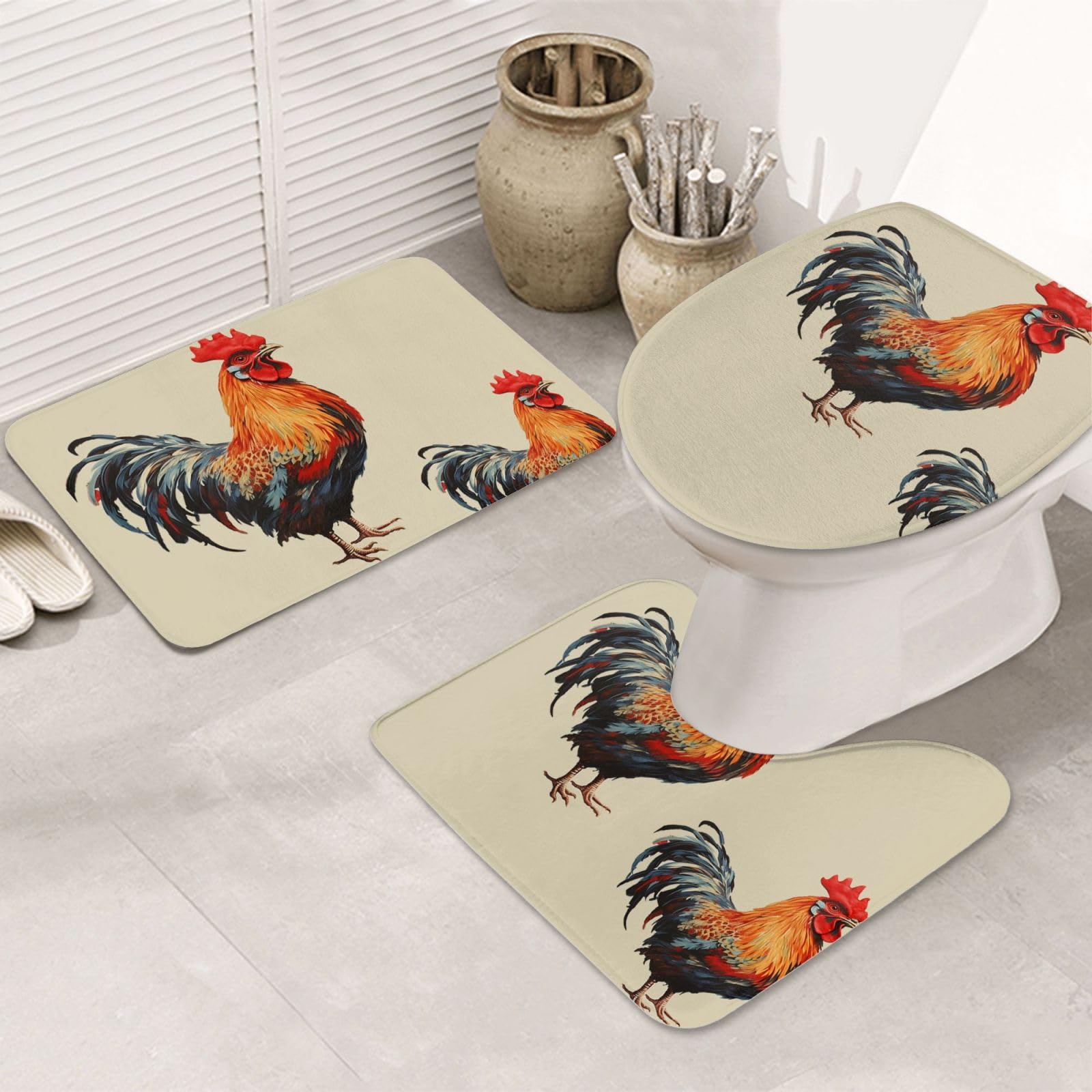 Dwrepo Animal Art Chicken Painting Print Bathroom Rug Set 3 Piece with Non-Slip U-Shaped Contour Mat and Toilet Lid Cover for Bathroom Decoration
