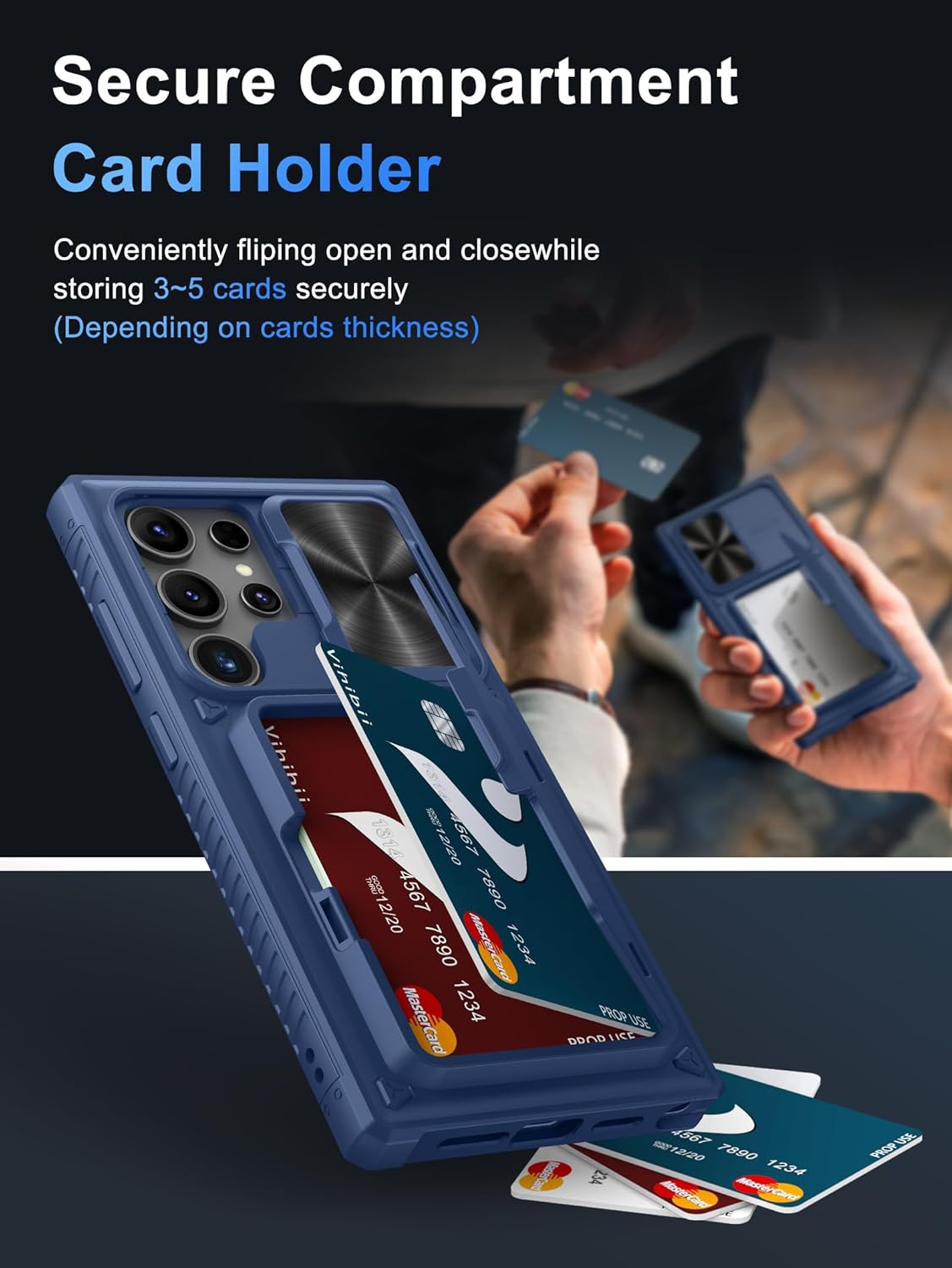 Vihibii for Samsung Galaxy S23 Ultra Case with Card Holder (4 Cards), Built-in 2X Tempered Glass Screen Protector & Slide Camera Cover & Kickstand, Rugged & Shockproof Phone Case for S23 Ultra, Blue