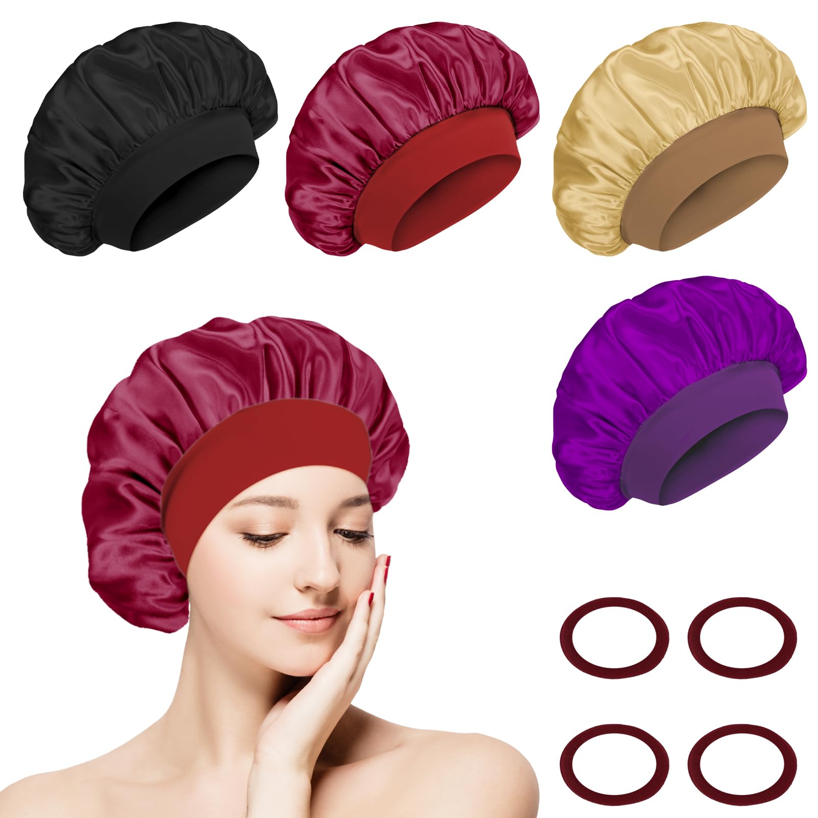 flintronic 4PCS Satin Haarhaube, Satin Seiden Schlafmütze, Nacht Schlafhaube, Schlafhaube Haare Schützen, Satinhaube Zum Schlafen, Für Damen Und Mädchen