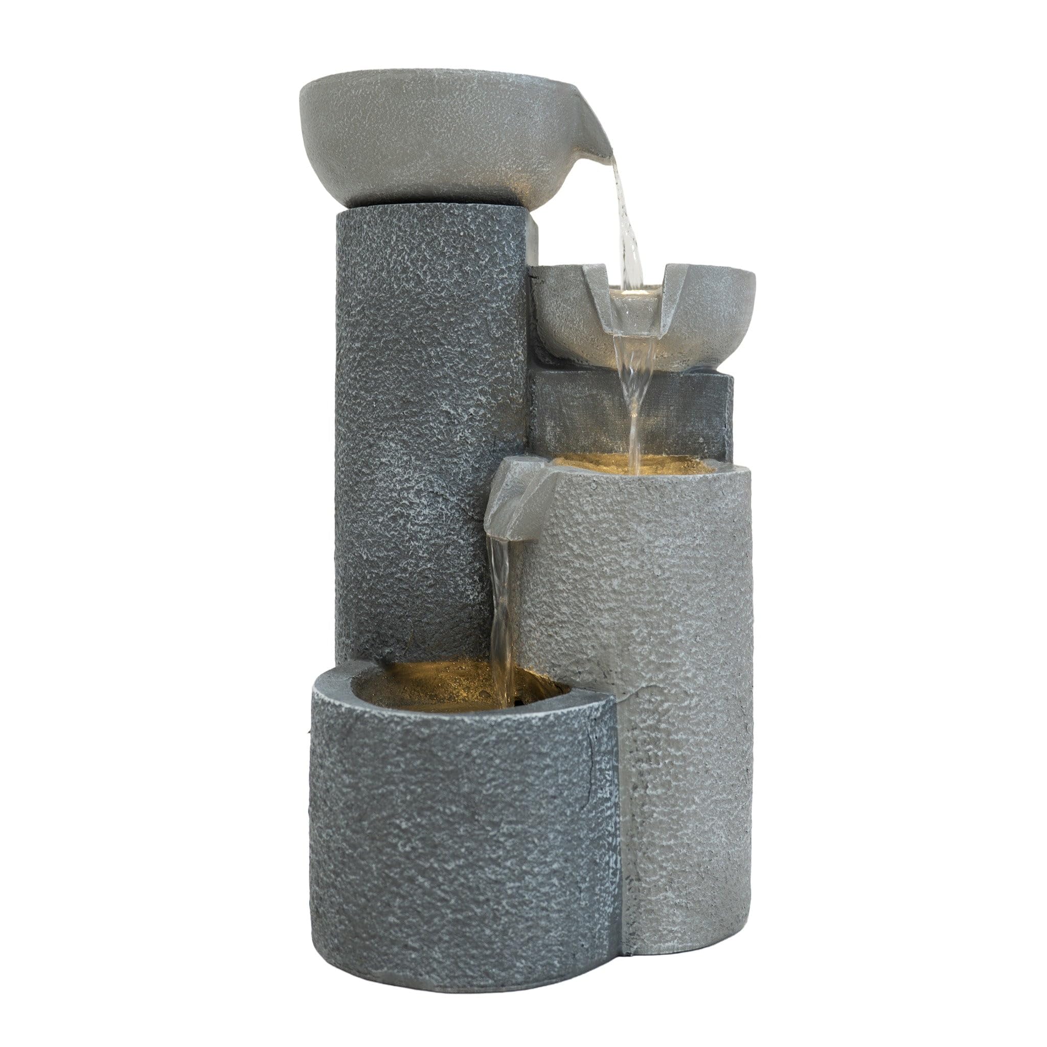 Kaskadierende Outdoor-Wasseranlage – Elektrischer Gartenbrunnen in Grau – 3 warmweiße LED-Leuchten – Netzbetriebene Pumpe – Deko für Garten & Zuhause – Tranquil Tiers – Reinigungsbürste