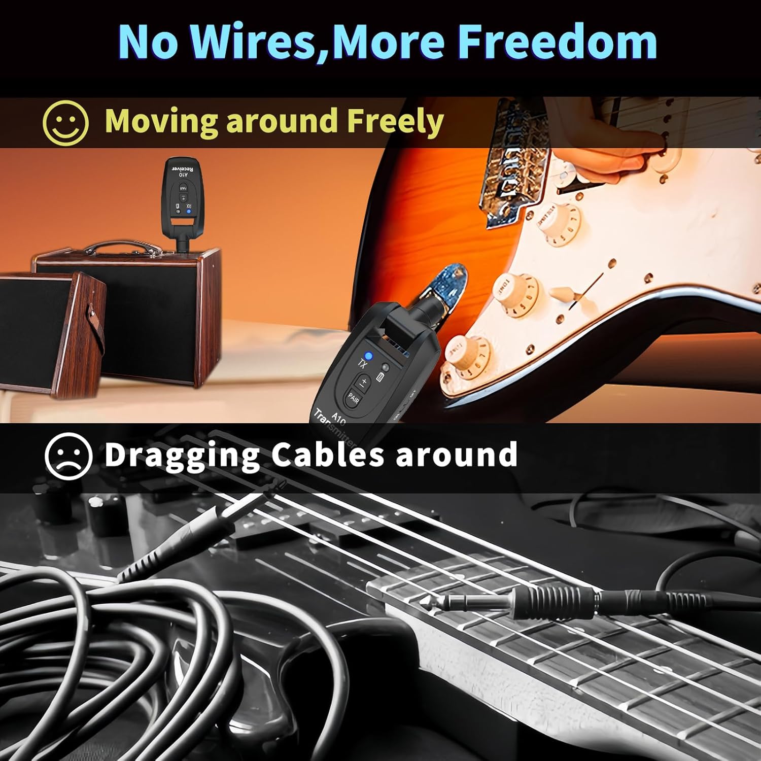 A10 Wireless Guitar System, 2.4GHz Rechargeable Transmitter/Receiver, 24-bit 48kHz Audio, 100-foot Range, NO Latency, 6.5mm and 3.5mm Audio Jacks, Plug-and-Play Electric Guitar and Bass Accessory