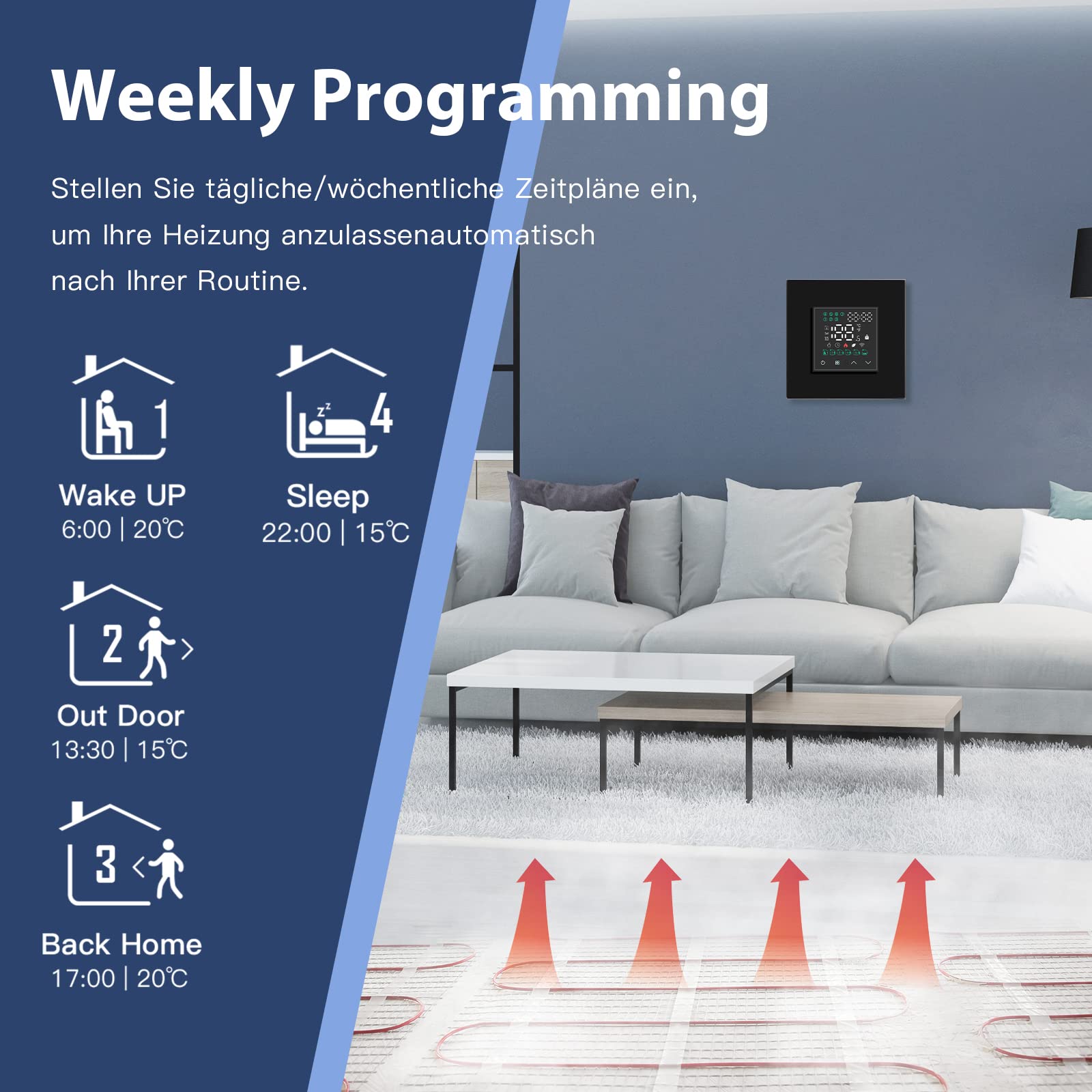 BSEED Smart Home, termostat pokojowy WiFi, programowalne sterowanie temperaturą, do ogrzewania podłogowego, kompatybilny z Alexa Google Home Tuya, bez baterii, czarny