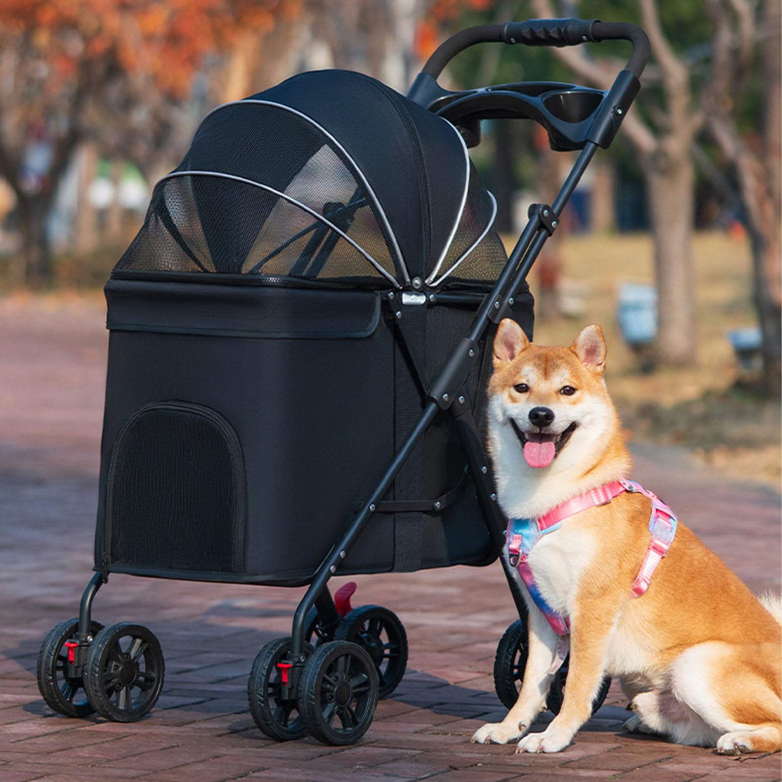 Alomejor Cochecito Plegable para Mascotas, Carrito para Perros y Gatos con Paraguas y Portavasos, Cochecito Click Click para Perros, Transportadores para Mascotas (#11)