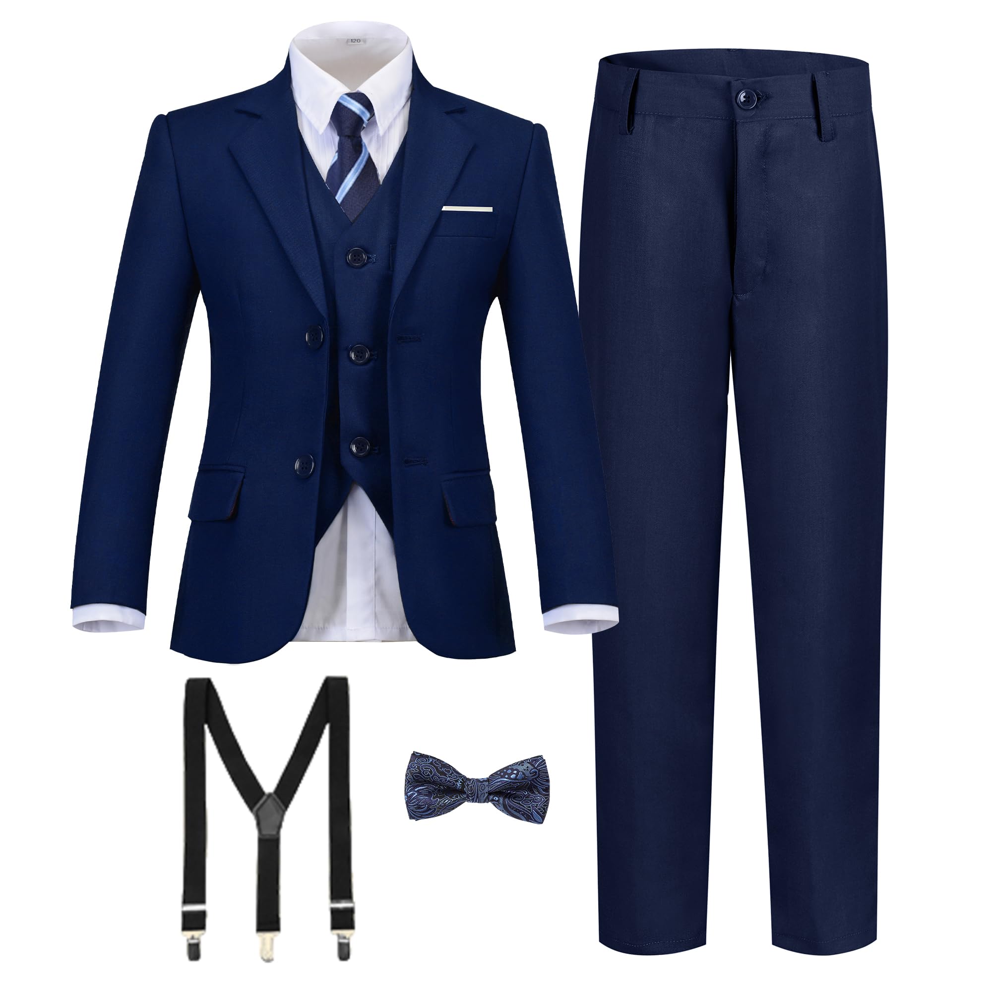Boy's Formal Suit 7 Piece Slim Fit Tuxedo for Kids Teen Boys Jacket Vest and Pants Set for Wedding with Bow Tie Suspenders