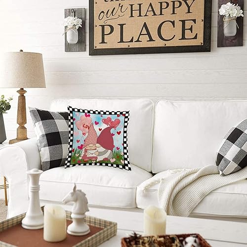 Miniatura 5 de Happy Valentines Day Lovely Gnome Couple Pillow Cover 18x18in Gnome Couple Heart Balloons Cojines Decorativos para Sala Zippered Decorative Throw