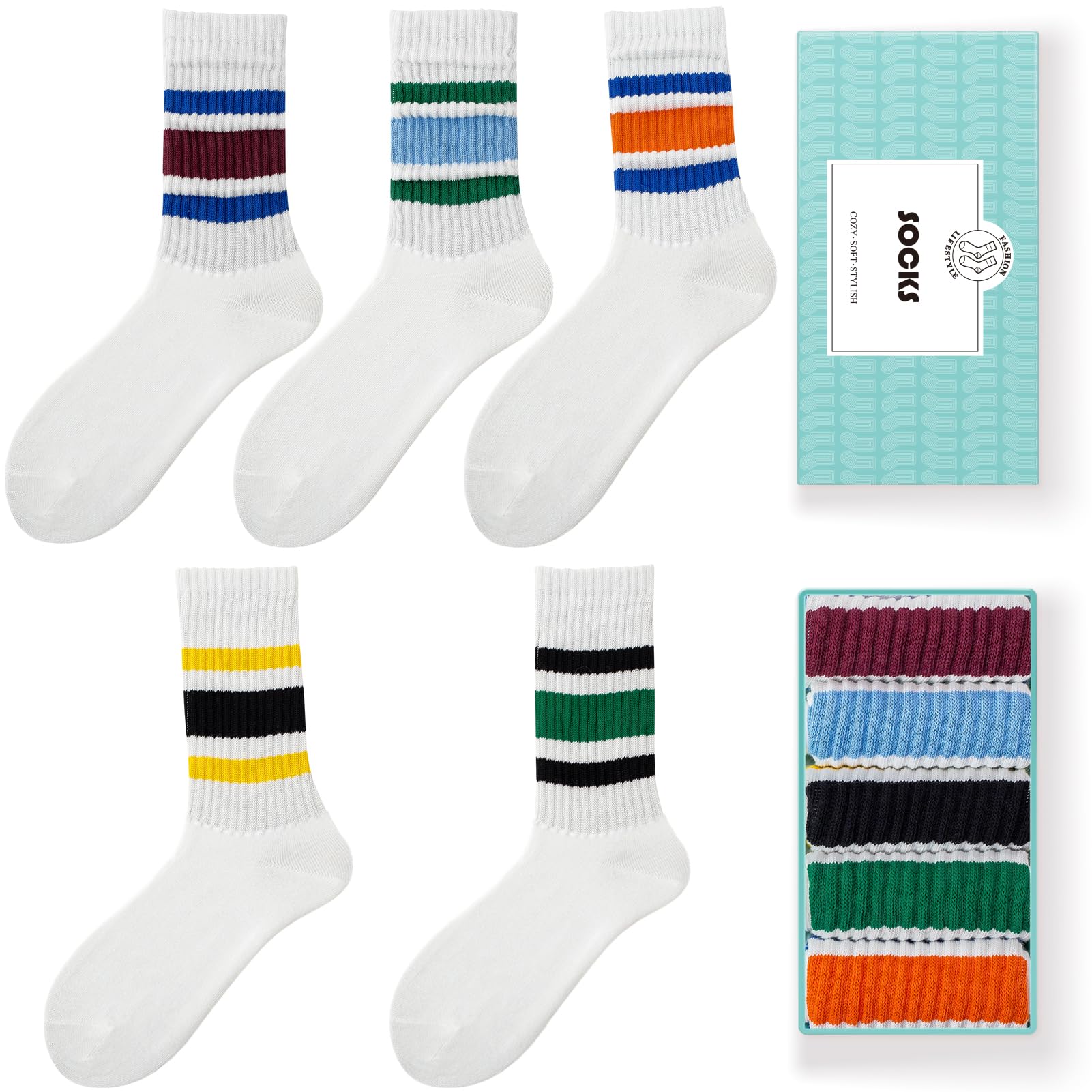 HUGSWEET Striped Retro Crew Breathable Cotton Soft Socks for Women Athletic Casual Thin Novelty Socks for Women or Men