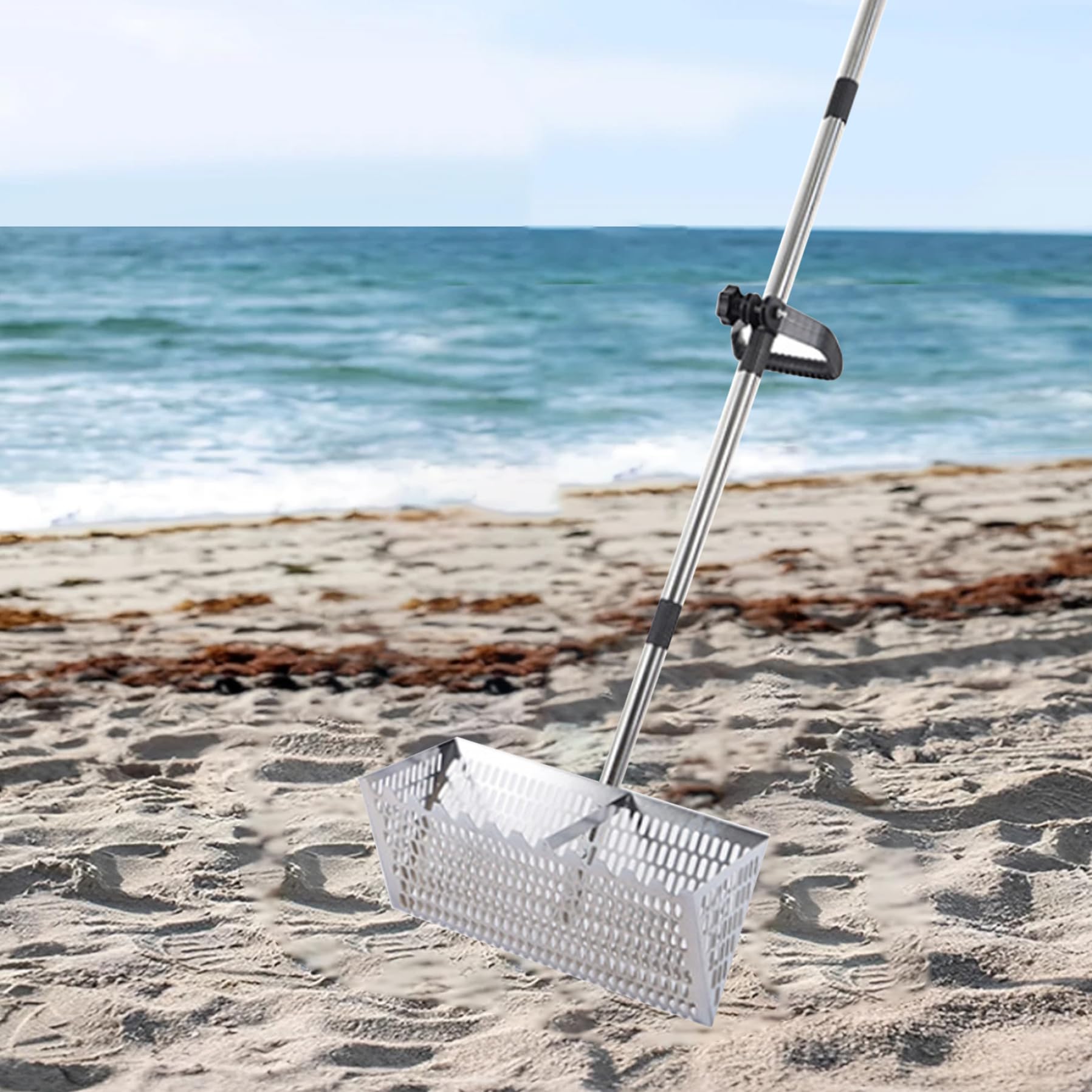 Sandsieb Gartensieb Sandfloh-Rechen Kohlenstoffstahl hohl aus dem Sandrake Erdsieb mit stumpfen Zähnen und nicht rutschfestem Griff abnehmbarer Sifter Siebschaufel