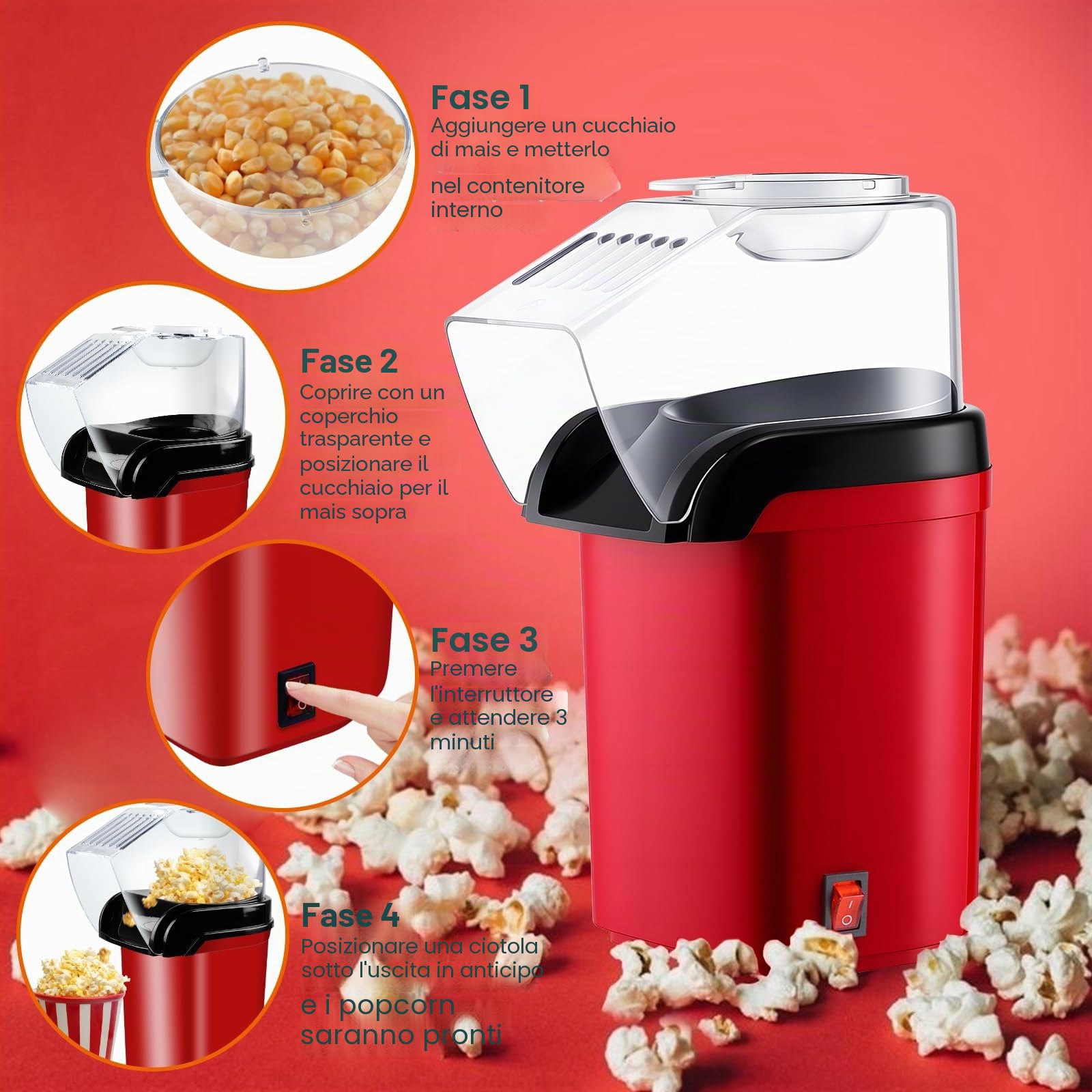 Macchina per popcorn ad aria calda, Mini macchina per popcorn ad aria calda senza olio, 1200 W, piccola macchina per popcorn, 3 minuti rapidi, funzionamento con un tocco, macchina per popcorn per casa