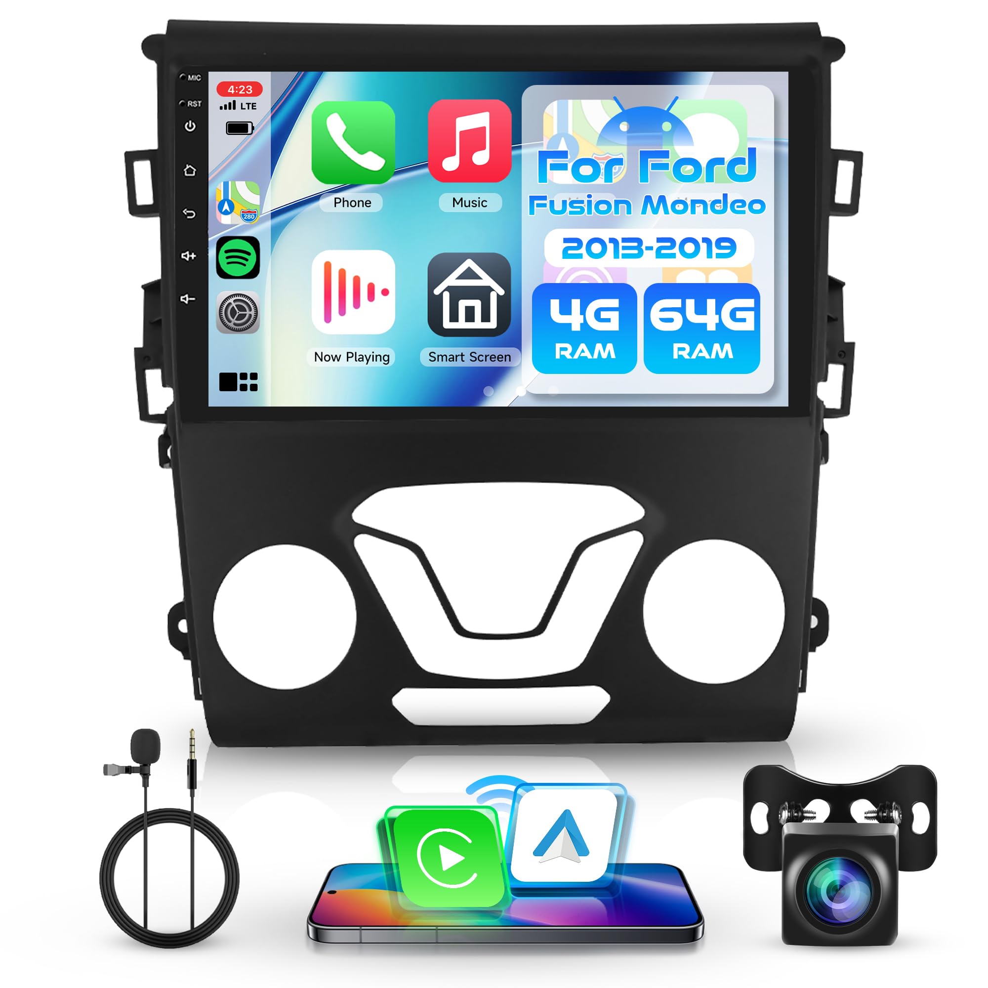 4+64G Android Car Radio Stereo for Ford Fusion Mondeo 2013-2019 Wireless Carplay Android Auto, 9’’ Touchscreen Head Unit with Bluetooth GPS Navigation Mirror Link WIFI FM/RDS DSP AHD Backup Camera SWC 4 Core 4G+64G Wireless Carplay