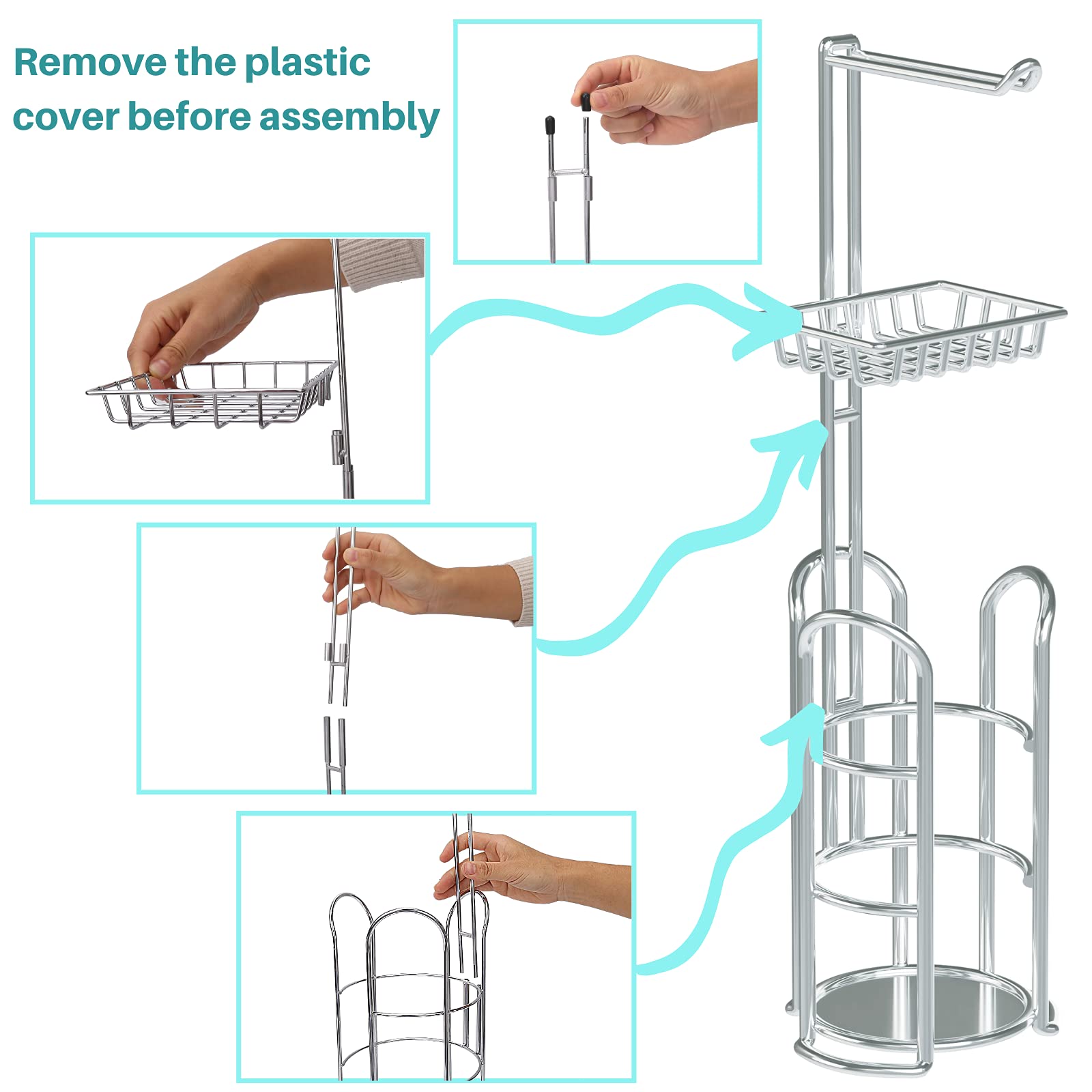 Toilet Paper Holder Stand with Reserve and Dispenser for 4 Mega Rolls, Bathroom Freestanding Toilet Tissue Paper Roll Storage with Cell Phone Shelf, Chrome