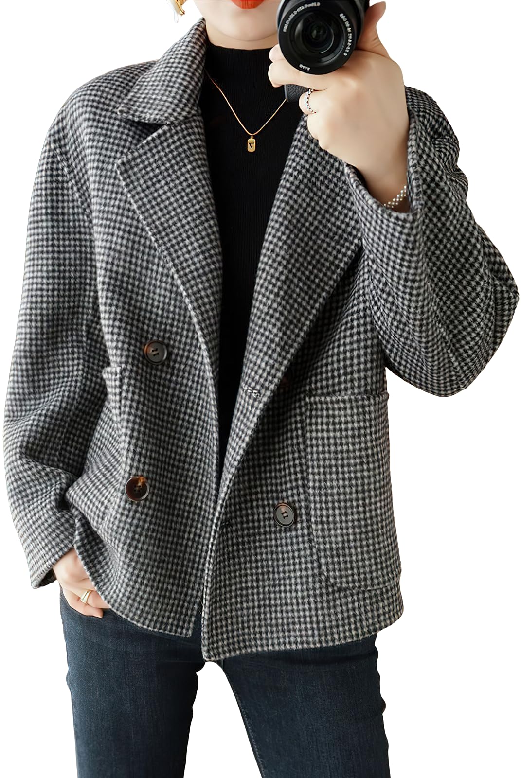 ebossy Womens Double Breasted Plaid Blazer Jacket Notched Lapel Houndstooth Loose Winter Cropped Wool Peacoat