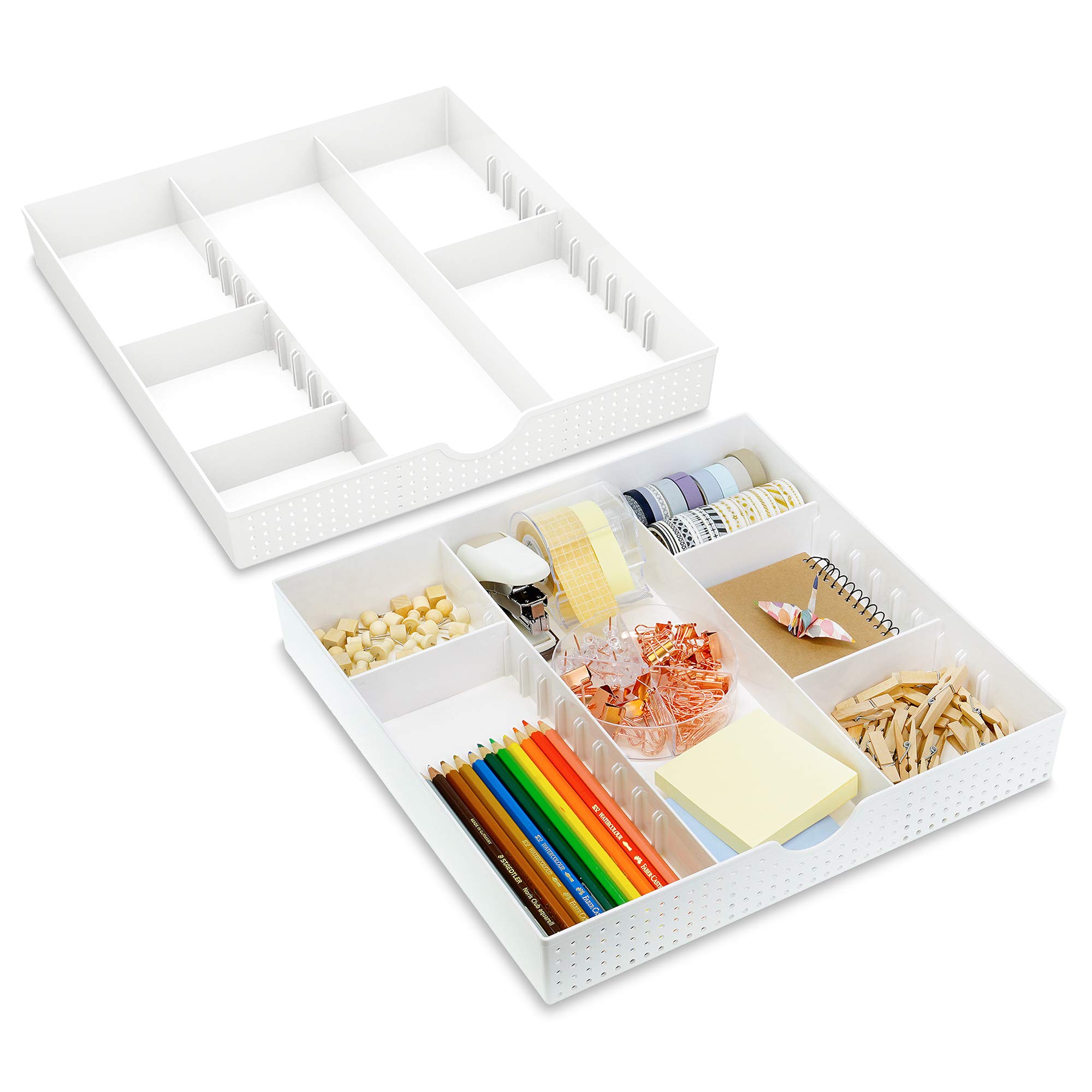 CAXXA3 Slot Drawer Organizer with 4 Adjustable Dividers - 7 Compartments Junk Drawer Storage for Makeup & Vanity, Office Desk Supplies and Accessories,WHITE (2 pack)