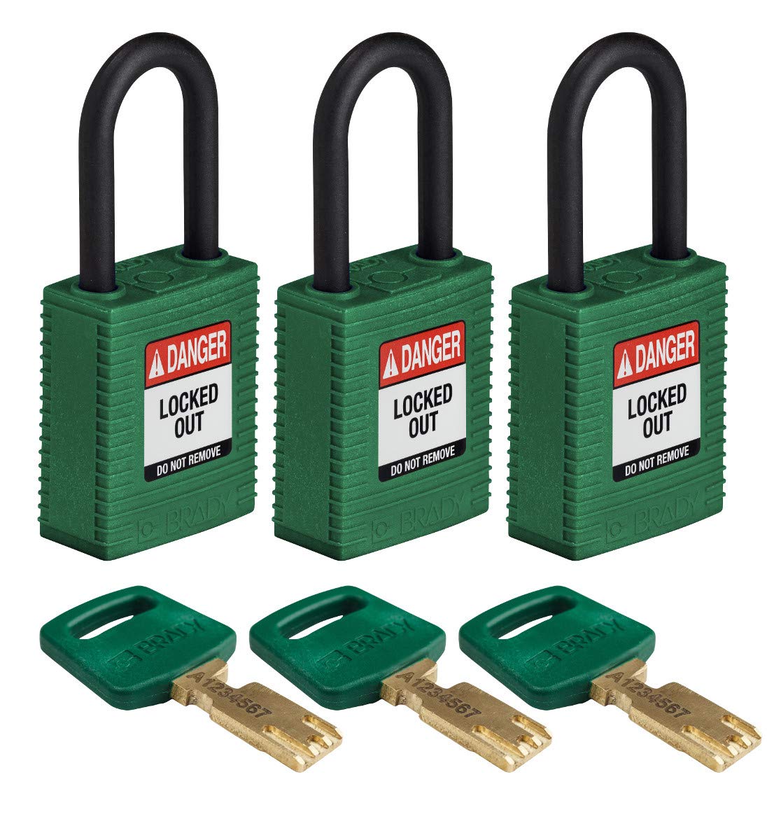 Brady Green Safekey Lockout Padlock Nylon 1.5" Plastic Shkl, Pack Of 3