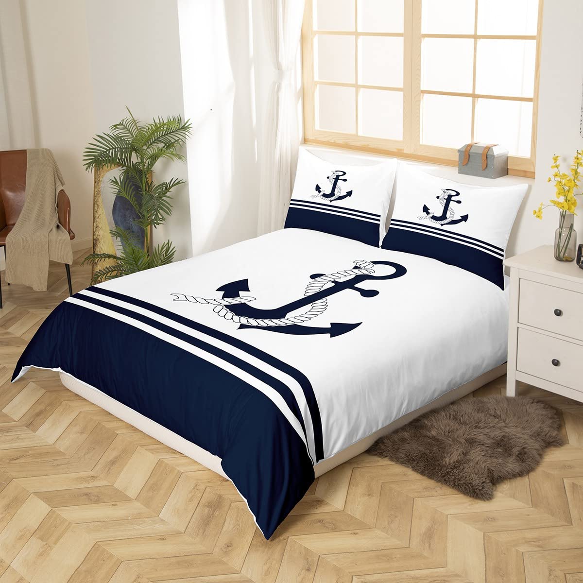 Ancla Décor - Juego de cama de 200 x 200 cm, diseño náutico, juego de funda nórdica La Mer Côtera, funda de edredón transpirable, mar aventura, azul y blanco