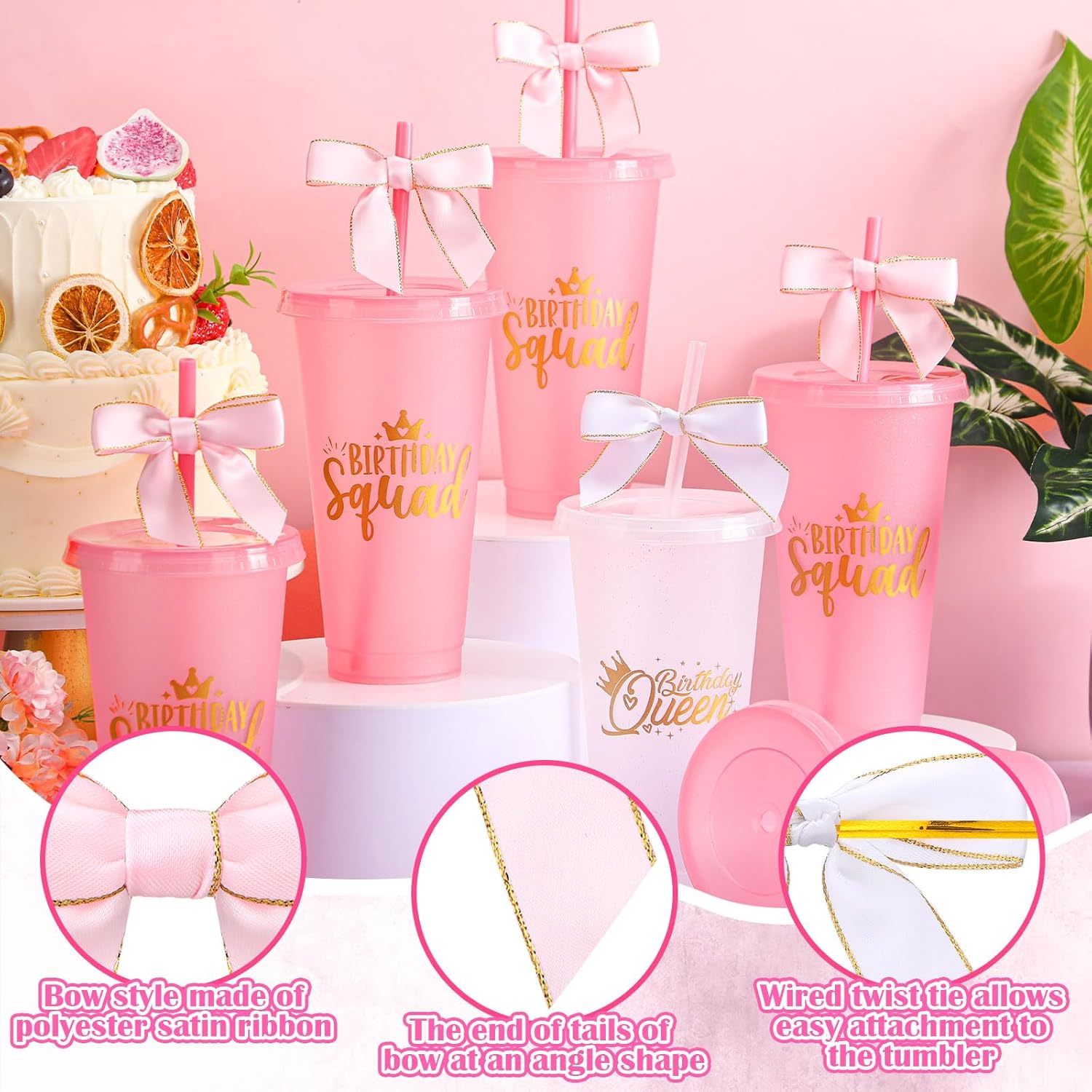 8 Set Birthday Party Glitter Tumblers 24 oz Birthday Squad Queen Plastic Tumblers with Lid Straw and Twist Bow for Squad Party Favor Decorations for Women (White,Pink) - Image 3
