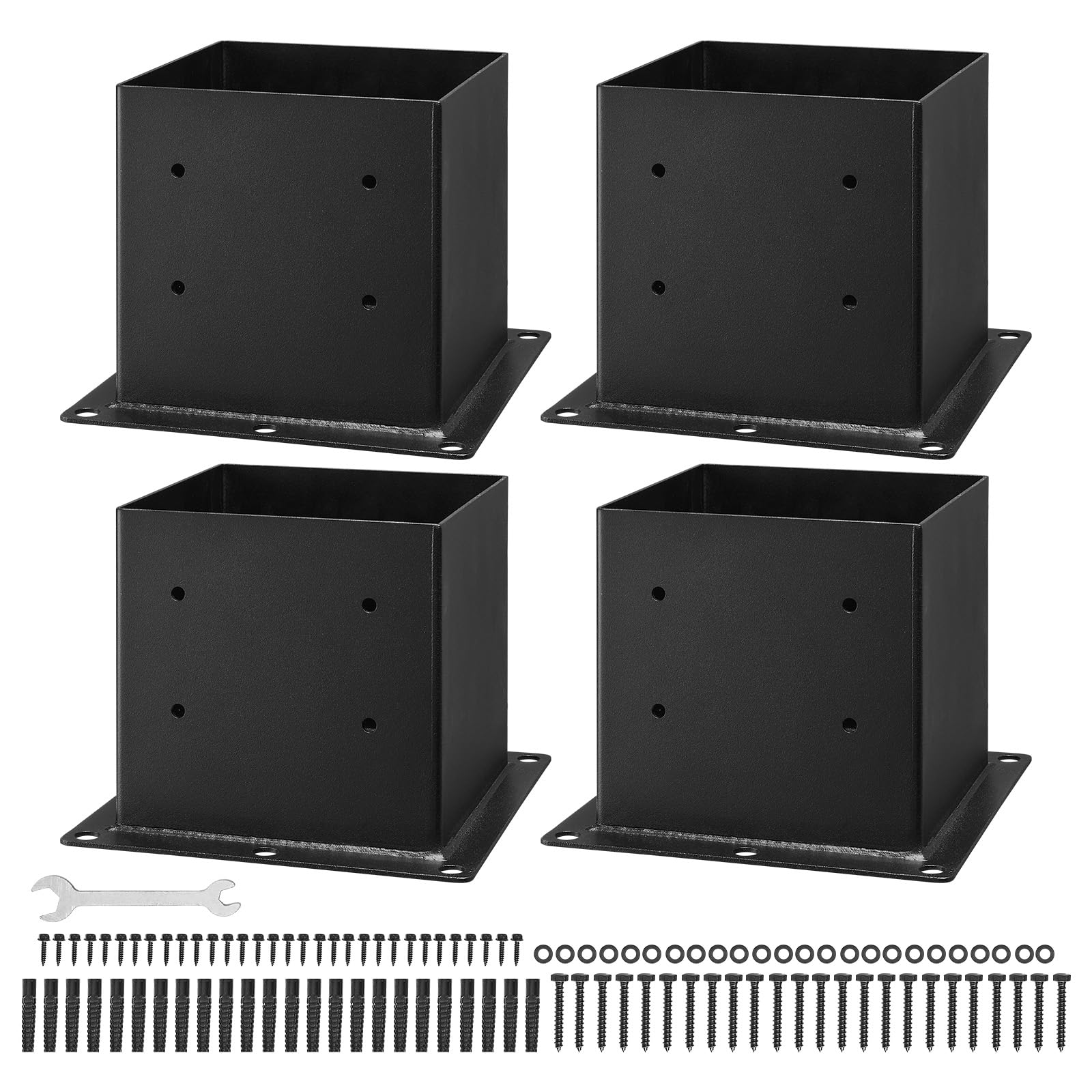 VEVOR Base per Pali 96 x 96 mm Dimensioni Interne 92 x 92 mm Staffe per Pali in Acciaio al Carbonio per Impieghi Gravosi, per Supporto Ringhiera per Gazebo, Piastra di Base per Ponte, 4 PZ, Nero