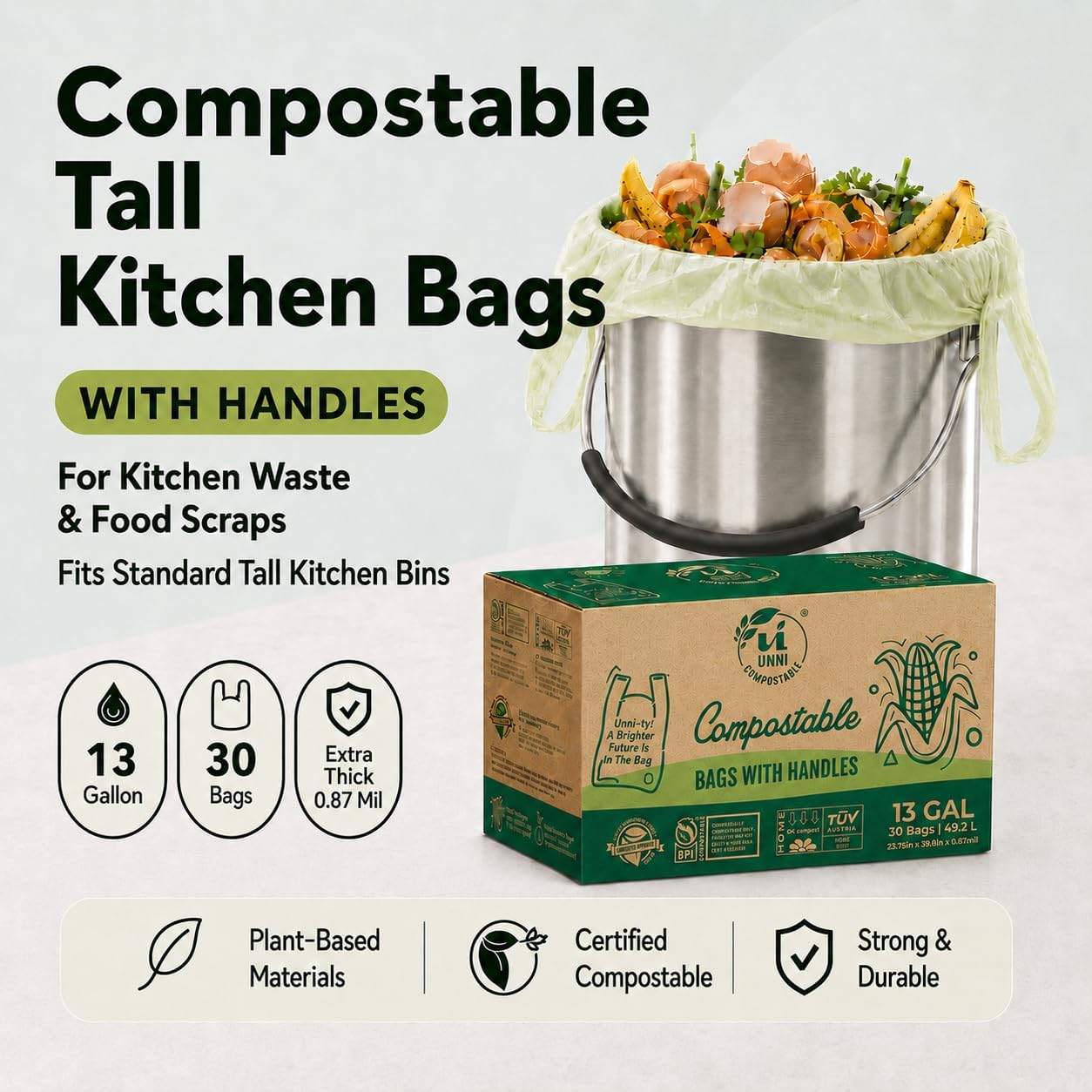 UNNI 13 Gallon Compostable Bags with Easy-Tie Handles, 49.2 Liter, 60 Count image 2
