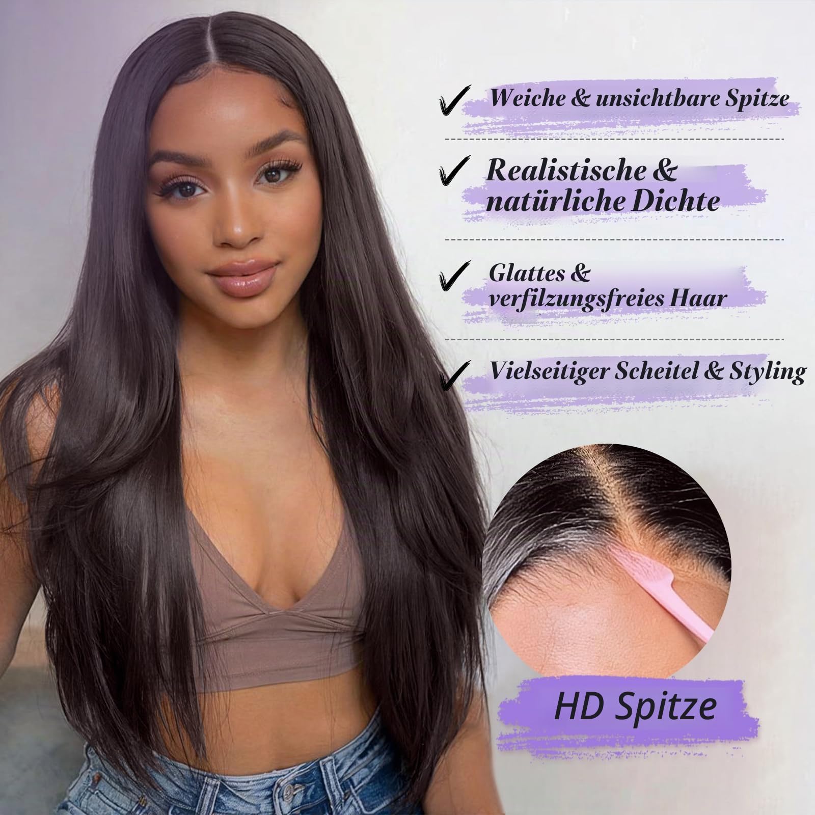 FESHFEN Lace Front Perücke Dunkelbraun - Lange Glatt Perücken für Damen Natürliche Synthetik Haar Wigs Gerade Spitzenfront Haarperücke für Tägliche Karneval, 75 cm