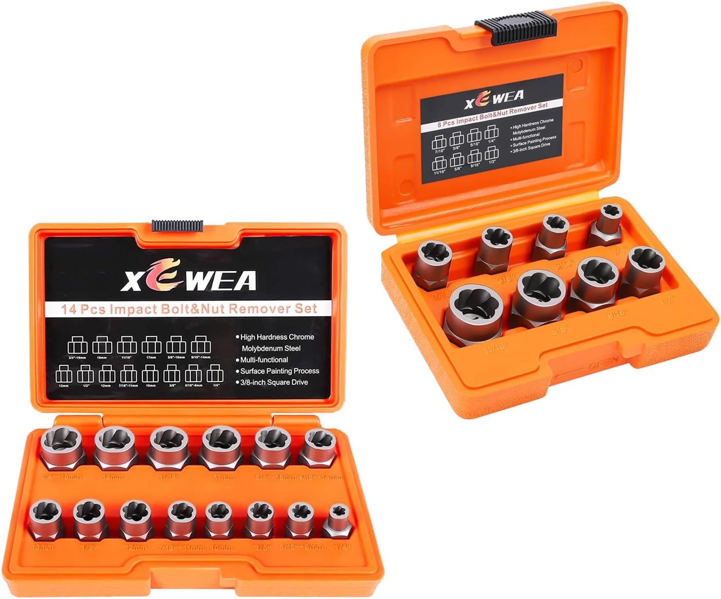 3/8" Drive 16PCS Deep Bolt Extractor Set & 8PCS Short Bolt Nut Remover Set, Stripped Lug Nut Remover for Narrow Space, Removing Broken, Damaged, Frozen, Rusted, or Rounded-Off Bolts, Nuts, Screws