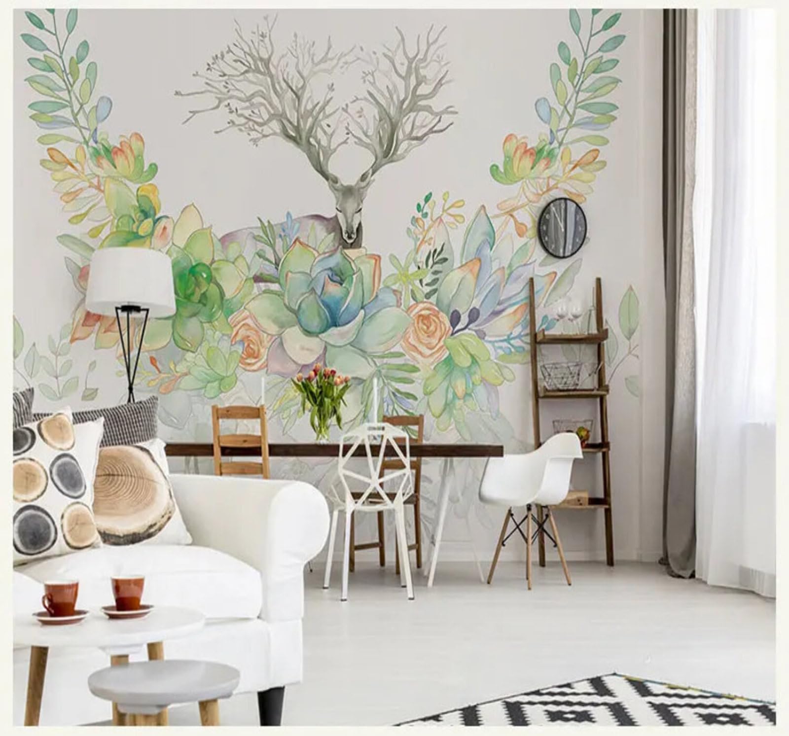 Xlming 430Cm×300Cm(B×H) Fresh Watercolour Vintage Floral Reindeer 3D Wallpaper Silky Texture Home Study Office Grey Dining Room Sofa Bedroom Living Room Tv Backdrop-430Cm×300Cm