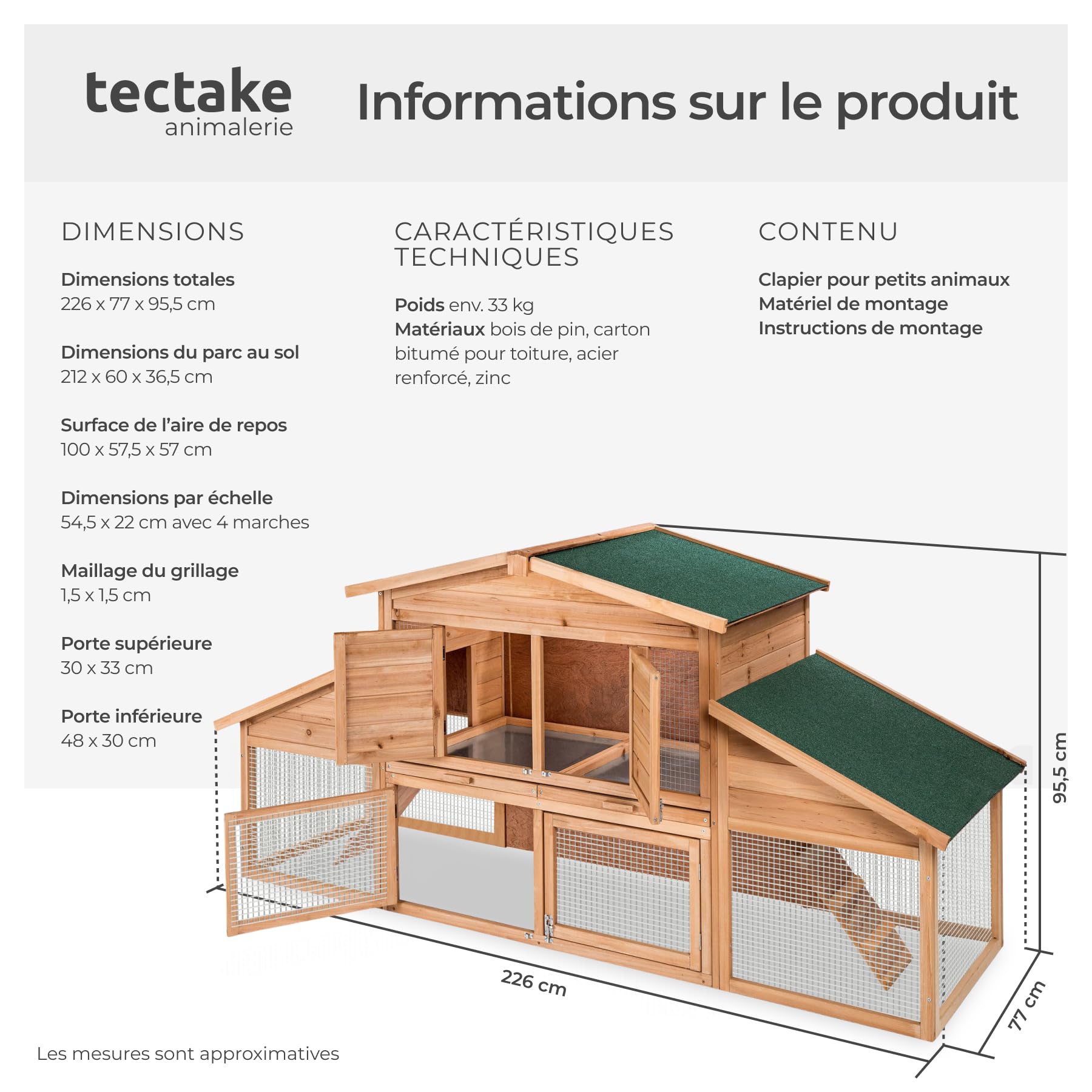 tectake® Clapier Lapin Exterieur Cage Lapin & Autres rongeurs Poulailler pour Poules en Bois imperméable avec Parc XXL au Sol sans Fond et 2 Tiroirs à déjection, 4 Portes verrouillables
