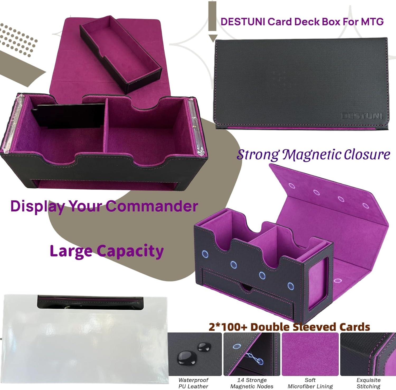 Card Deck Box for mtg – Fits 100+ Double-Sleeved Cards, Dual Commander Display with Dice Tray, PU Leather Organizer for TCG, CCG, Sports Cards (Black&Purple)