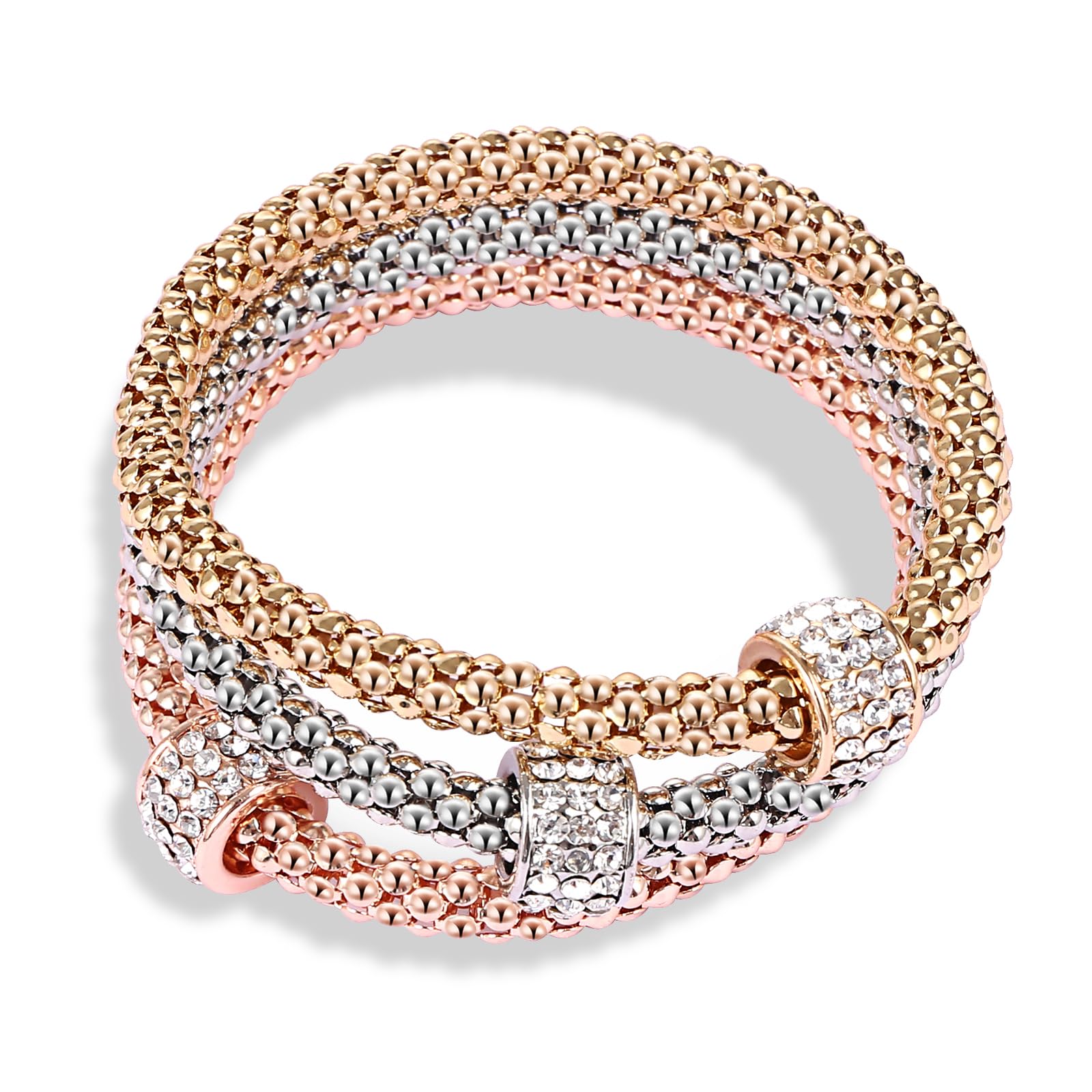 PORPI-JOJO Stretch Bracelets for Women Gold/Silver/Rose Gold Elastic Bracelet Set for Women 3 PCS Stackable Bracelets Multilayer Charm Bracelet