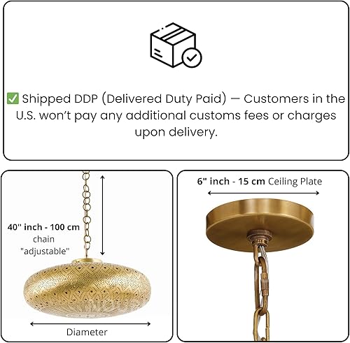 Vista 2 de Lámpara de techo marroquí de latón, candelabro colgante marroquí simple – colgante marroquí, lámpara de techo moderna de latón (18 pulgadas, bronce)