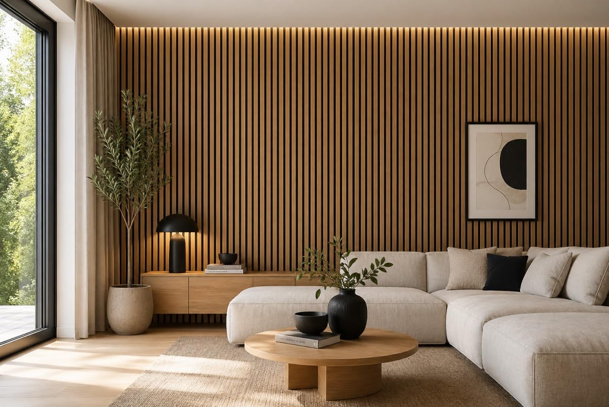 Leiste24 Akustikpaneel 2600 x 400 mm Schwarz Eiche Natur | Lamellenverkleidung mit schwarzem Akustikfilz, Wandverkleidung im Lamellendekor Eiche Natur für moderne Innenräume