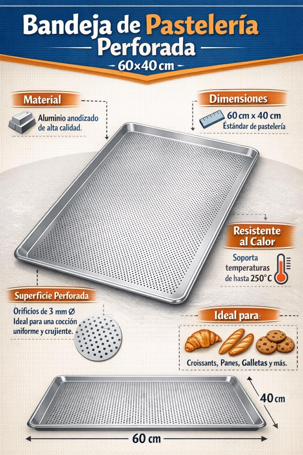 Bandejas de Horno Perforadas de Aluminio, 60x40 cm, 4 Unidades, Para uso profesional en Panadería y Pastelería, Cocción Uniforme.