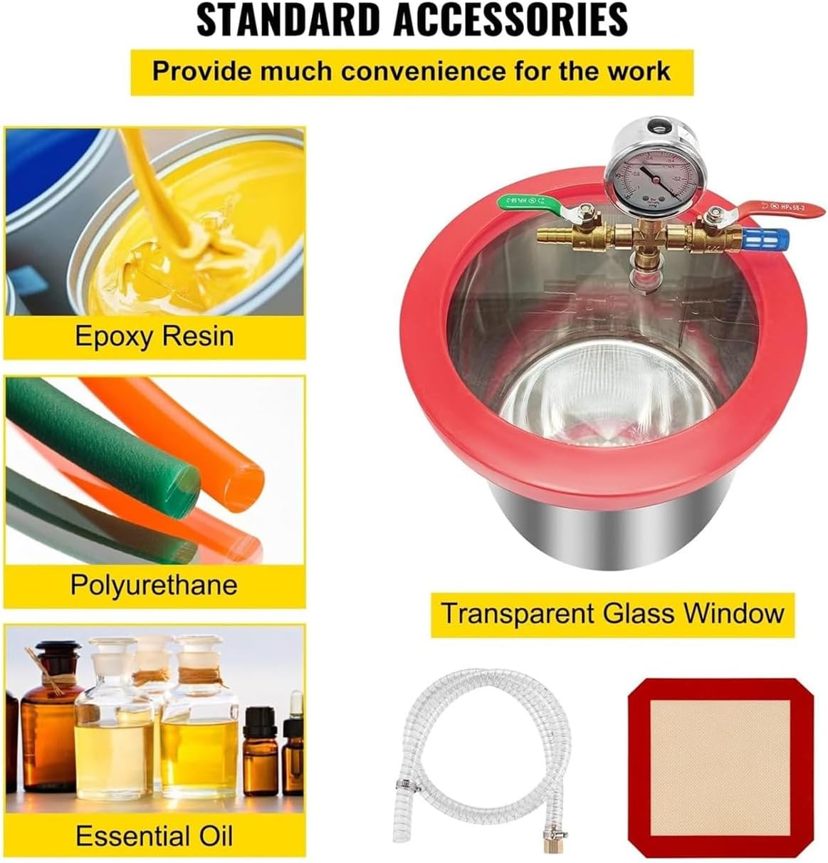 1.5/2/3/5 Gallon Vacuum Chamber with 5 CFM Single-Stage Pump, Large Vacuum Chamber Degassing Refrigerant Kit for DIY Resin Casting/Silicones (6L/1.5Gal)