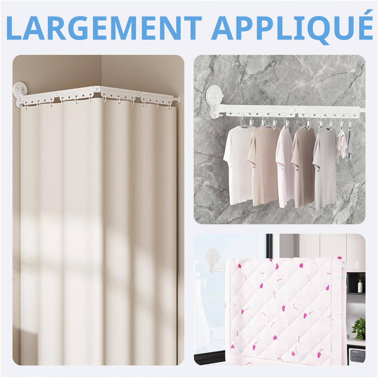 Tringle à rideau de douche pliable à 3 voies de 104 cm pour salle de bain sans perçage - Ventouse puissante - Angle réglable - Séchoir à linge rétractable