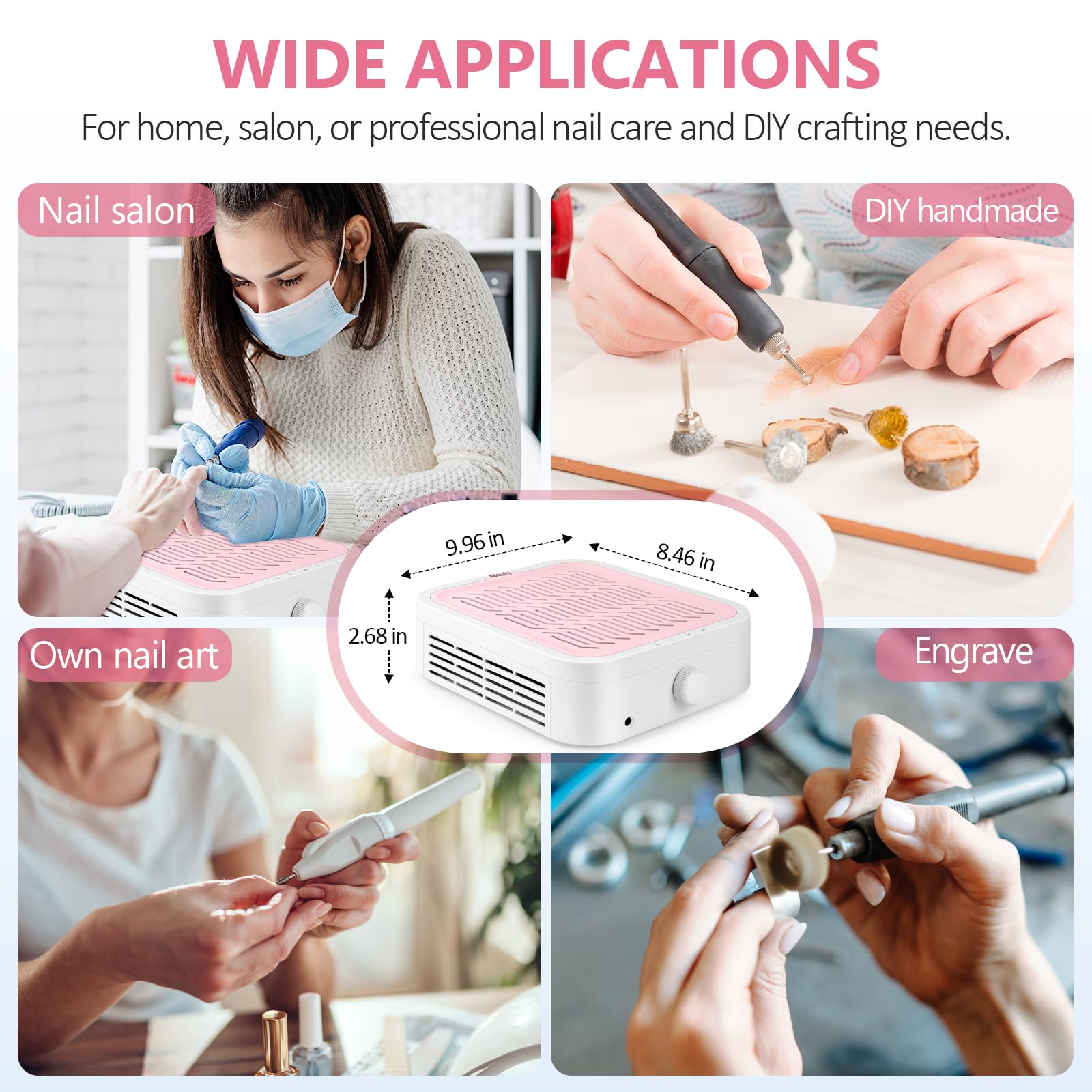 Aspiratore Unghie Professionale 120W Basso Rumore Aspirapolvere per Unghie Regolabile con Filtro Rosa