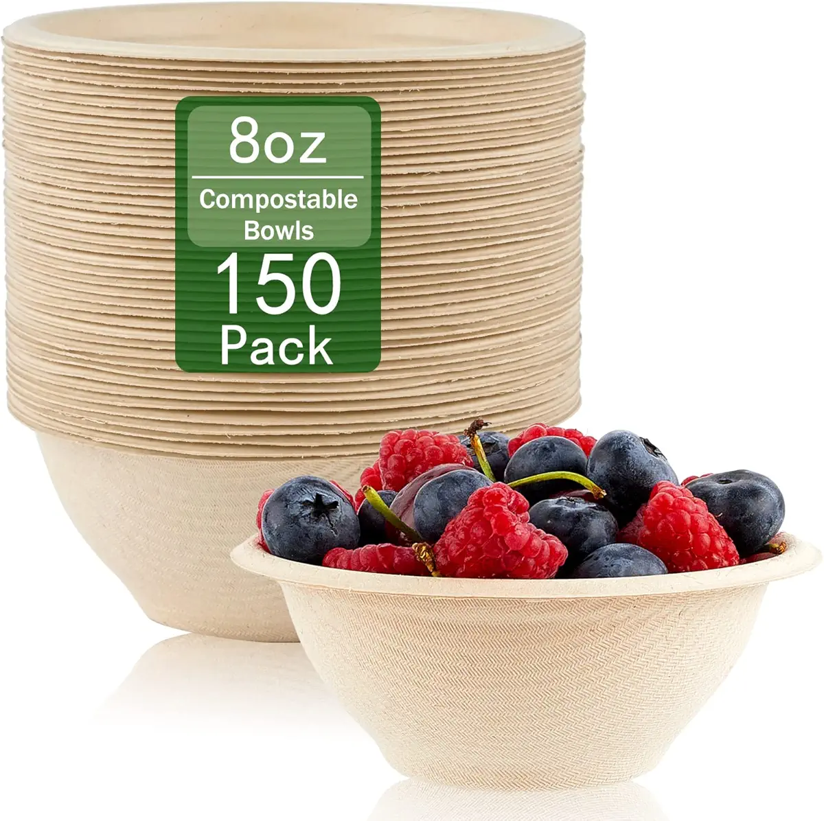ZORRITA 150 Pack 8 oz Paper Bowls Disposable Small Compostable Soup Bowls Natural Sugarcane Biodegradable Bowls for Ice Cream, Desserts, Pet Food