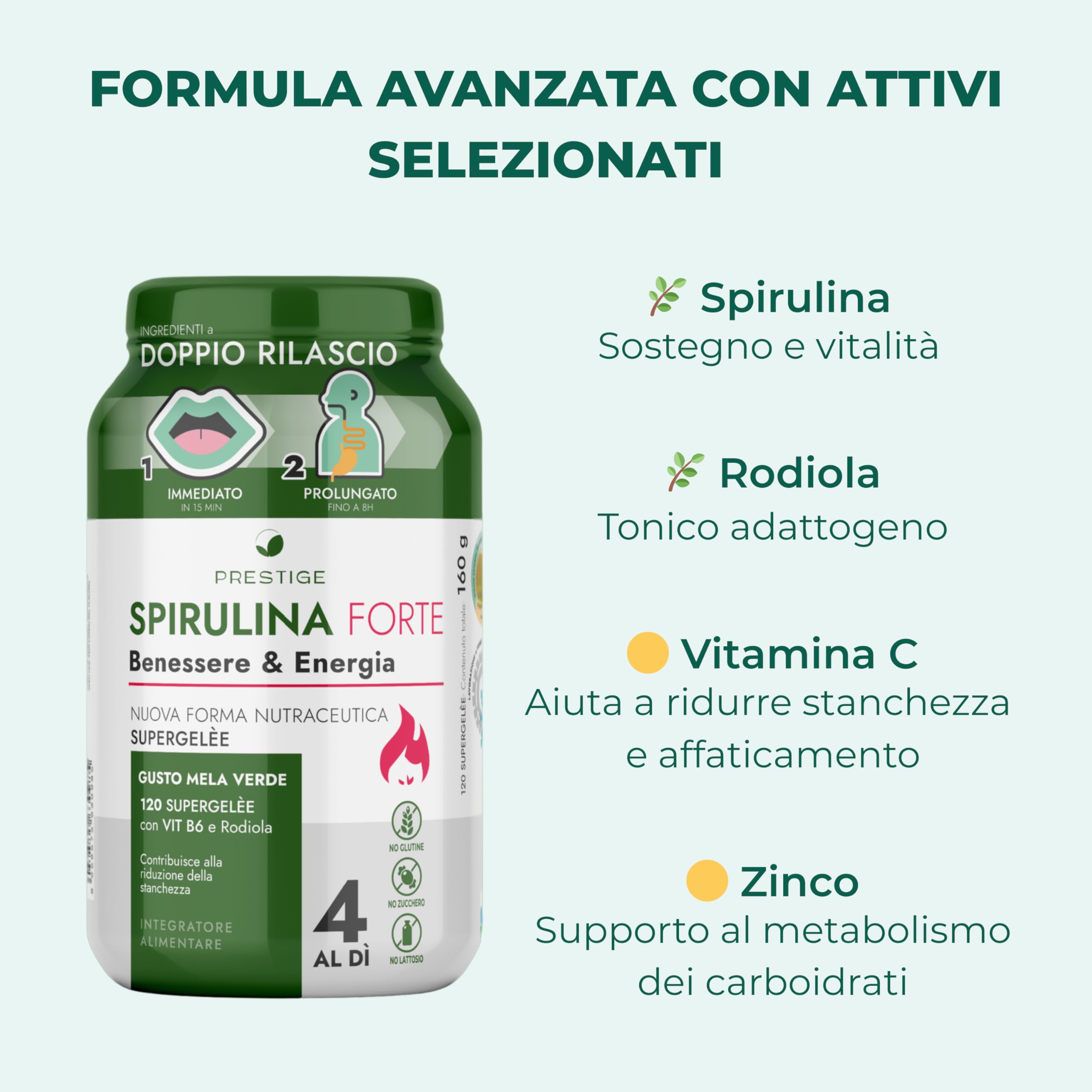 Integratore con SPIRULINA FORTE, 120 Gommose Supergelée Mela Verde - Spirulina: Dona Energia, Focus Mentale e Riduce Stanchezza - Supporto Metabolico