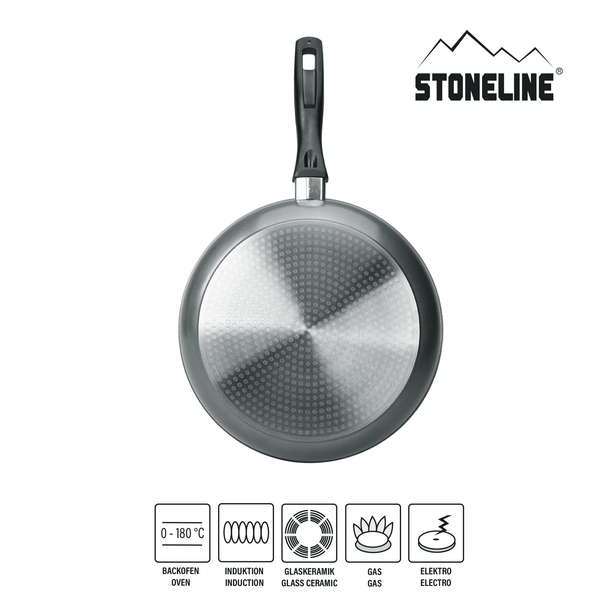 STONELINE Schmorpfanne 28 cm hoher Rand, Aluguss, Schmorpfanne beschichtet mit echten Steinpartikeln, geeignet für Backofen und Induktion, ohne Fett und Öl braten, grau