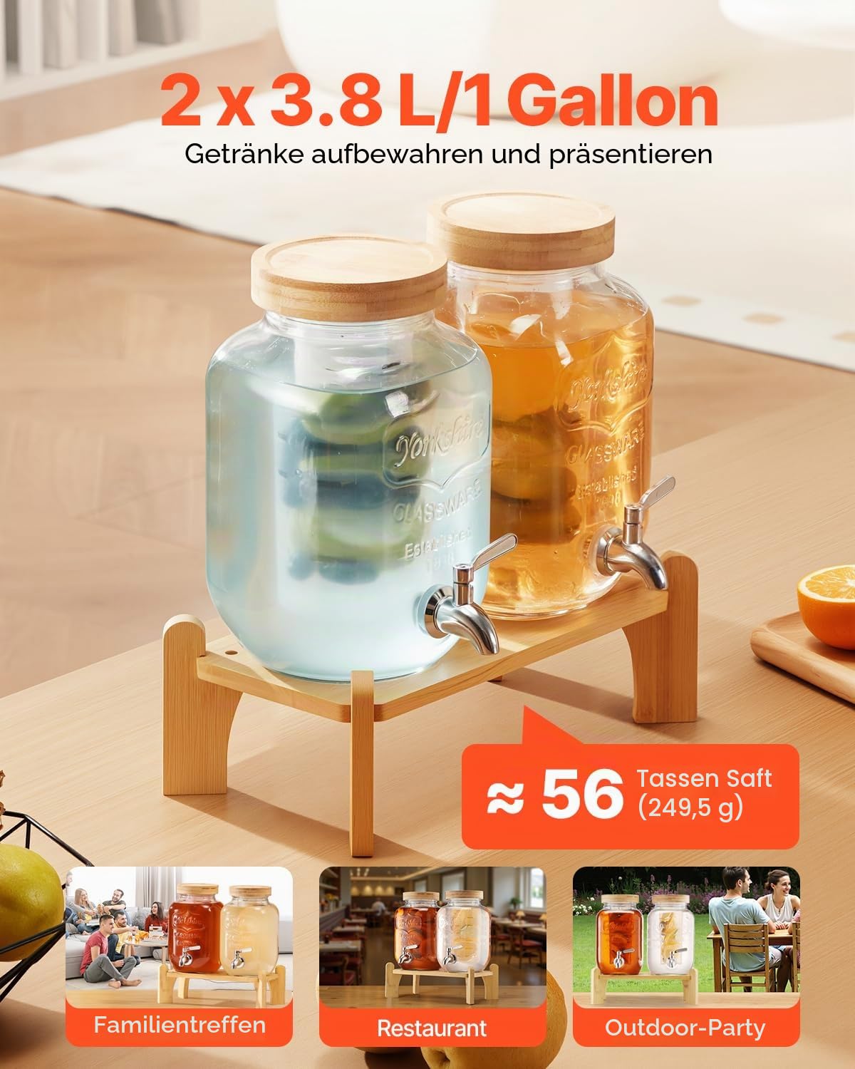 VEVOR Getränkespender (2 x 3,8 L) für Partys Saftspender (aus Glas) mit tropfsicherem Zapfhahn & Holzständer Wasserspender für Restaurants Partys, Limonade Eistee selbstgemachte Getränke Spender