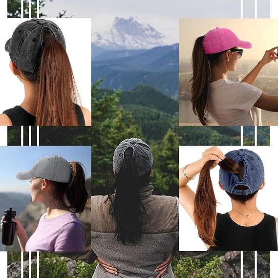 2 Packs Vintage Washed Unstructured Hat Womens Baseball Cap Distressed Ponytail Messy Bun Trucker Ponycap