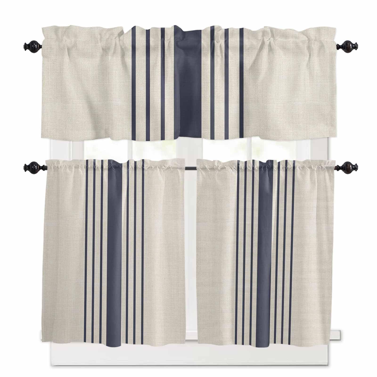 Midnight Blue Striped Kitchen Curtains 36 Inch Length, 3 Piece Rod Pocket Small Half Tiers and Valance Set, Beige Geometric Modern Art Small Large Window Treatment Decor for Bedroom/Bathroom Sink