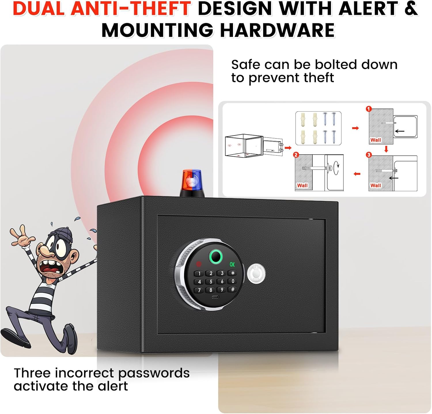 Smart Biometric Safe Box with Fireproof Waterproof Bag, Anti-Theft Dual Alerts, Mute Mode, Digital Security for Business(6.5"D x 7"W x 6.5"H)