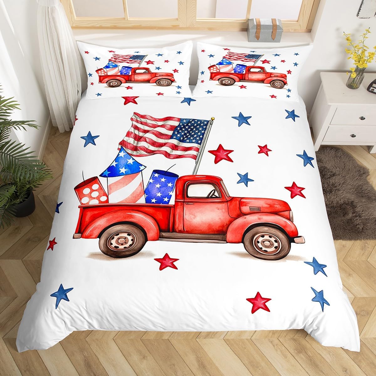 Erosebridal American Flag Duvet Cover King Size No Comforter, Happy Independence Day Soft Bedding Sets for Bedroom, Vintage Red Truck Bed Cover for Men Women Adults, Car July 4th Comforter Cover