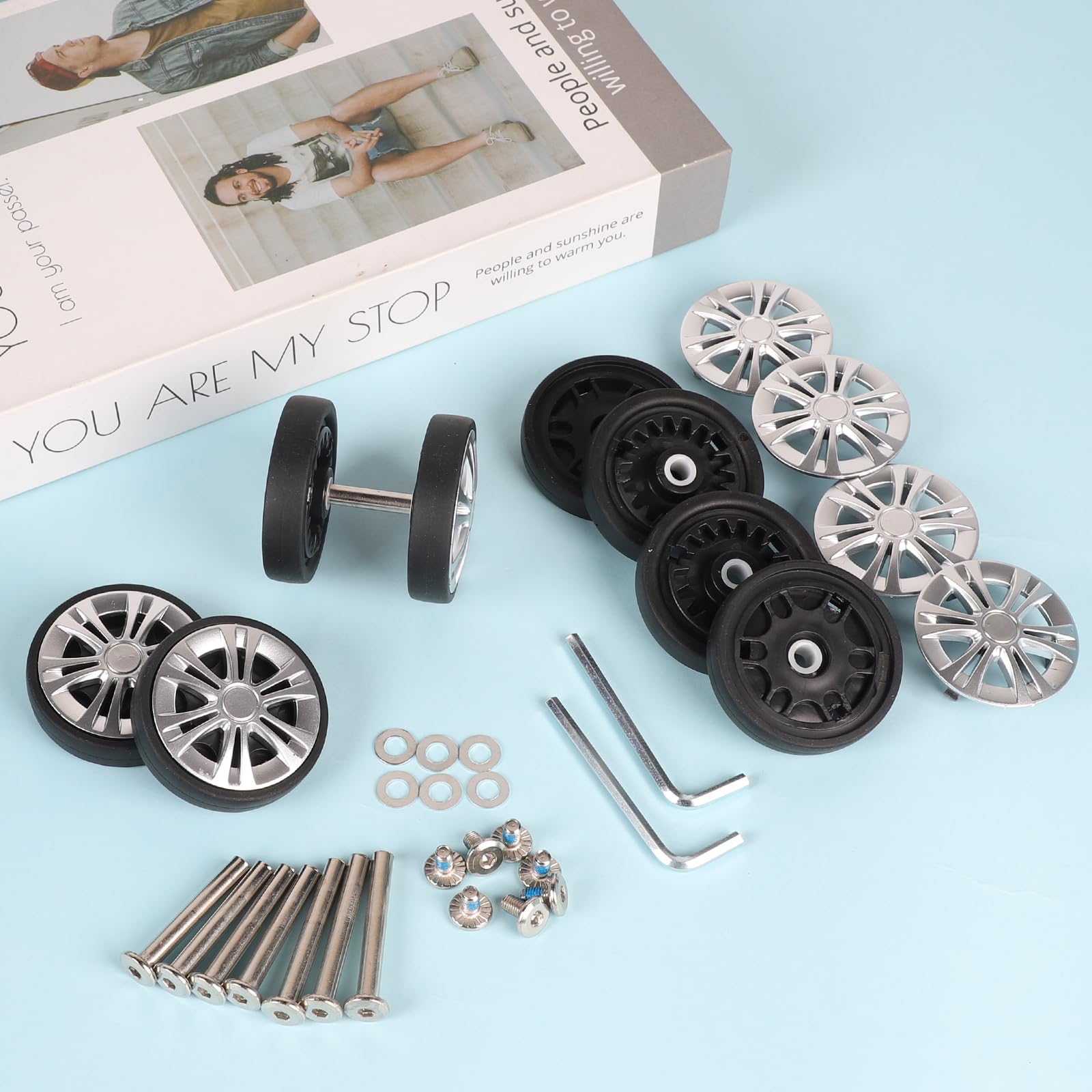 EXLECO 8 pcs Koffer Ersatzrollen 55mm x 12mm, Kofferrollen Ersatzrollen für Gepäck mit Doppelrollen, Koffer Rollen Ersatz Gepäck Räder, Gummi Ersatzräder mit Reparatur Kit, Gepäckkoffer Roller Silber