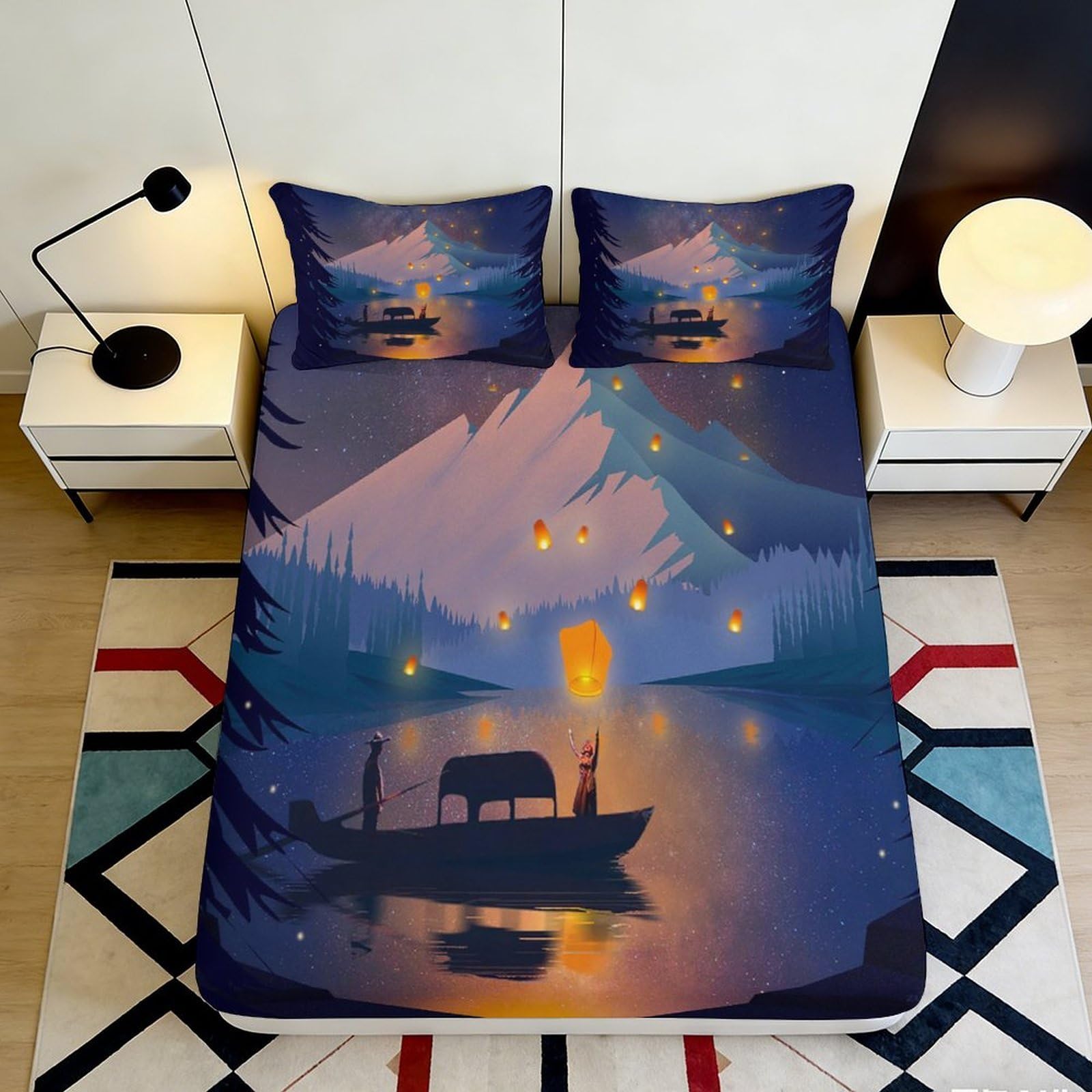 3D Printed Lake Night Lantern Fitted Sheet Microfiber Soft Bed Cover Mountain Forest Decor for Bedroom Dorm Mattress Protection 180x200x25cm