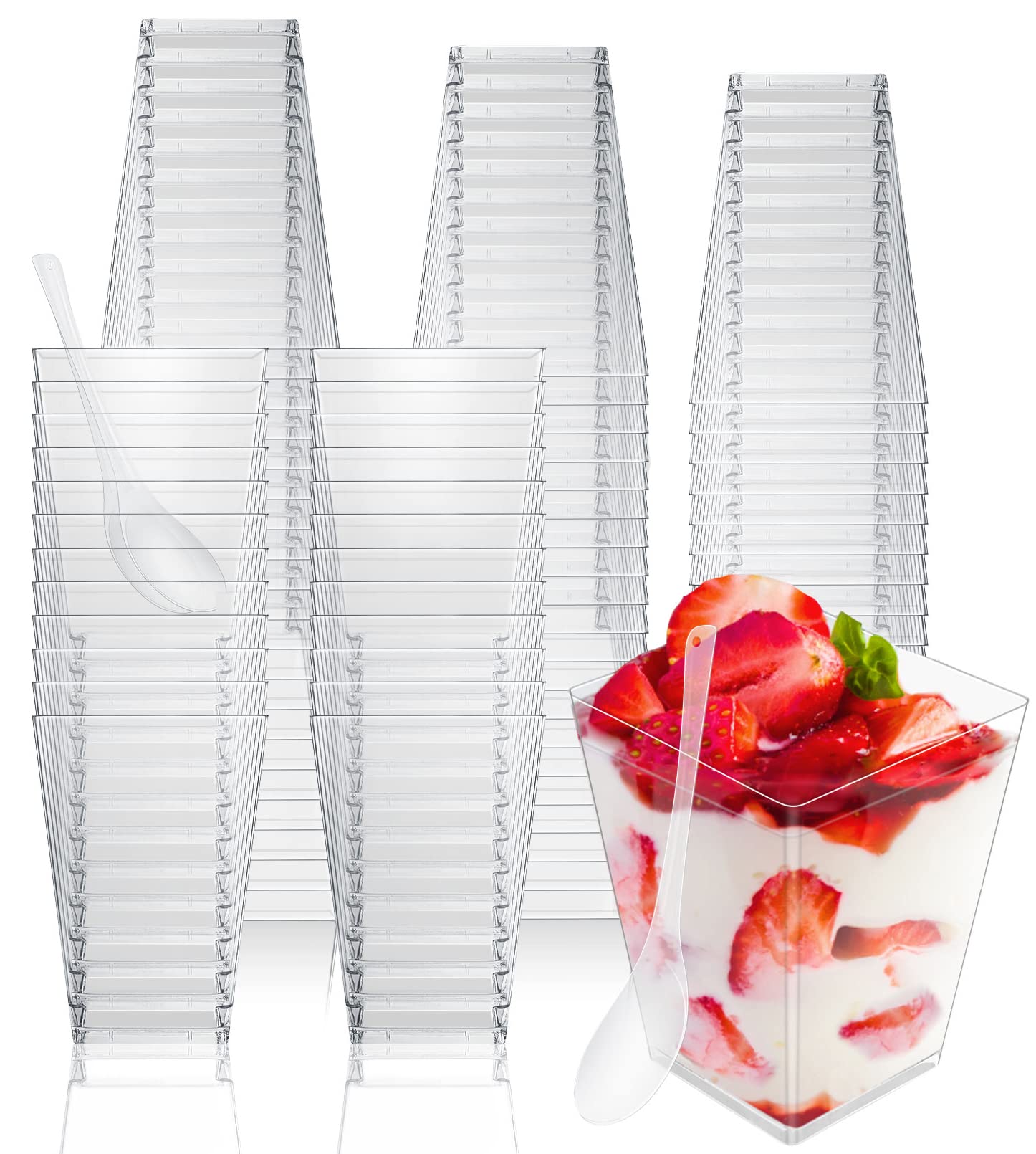 Cptoion 100 Pack 5 oz Dessert Cups with Spoons,Plastic Dessert Cups,Clear Square Parfait Cups,Mini Appetizer Cups,Shooter Cups for Party Desserts,Pudding Fruit and Ice Cream