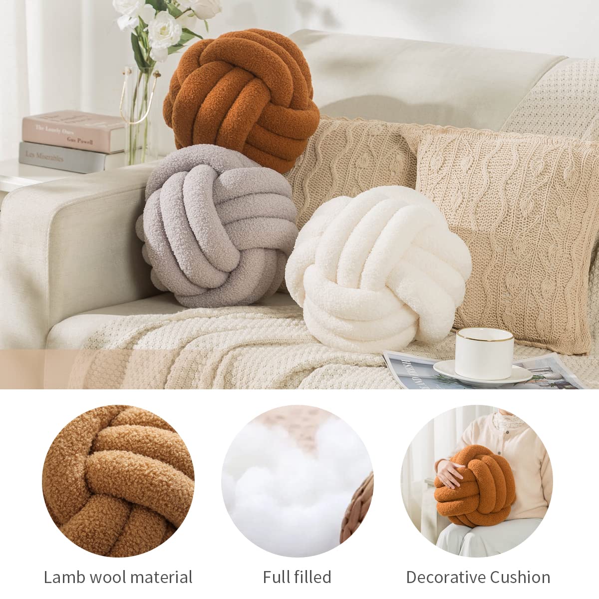 Knotenkissen, Ball, rund, weiß, Knotenkissen, weiches Heimdekorationskissen, Bouclé, Kreis, geknotetes Kissen, handgefertigtes Wurfkissen, Akzentkissen für Couch, Sofa, Schlafzimmer, 24,9 cm