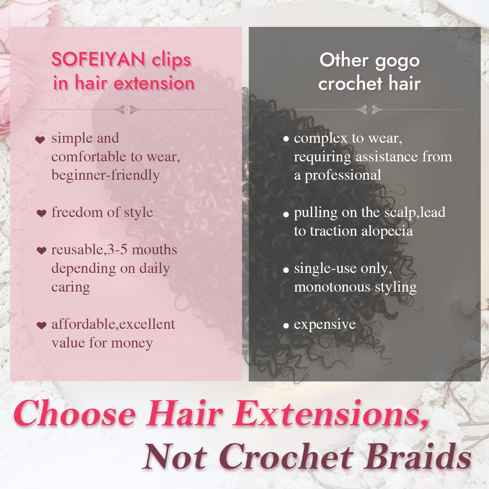 Sofeiyan 5 Pièces Afro Bouclé Extensions de Cheveux à Clips,40 cm Curly Bouclées Naturel Extensions de Cheveux Pour Femmes,Postiches Capillaires 100% Soie Protéinique Pure,Noir Naturel