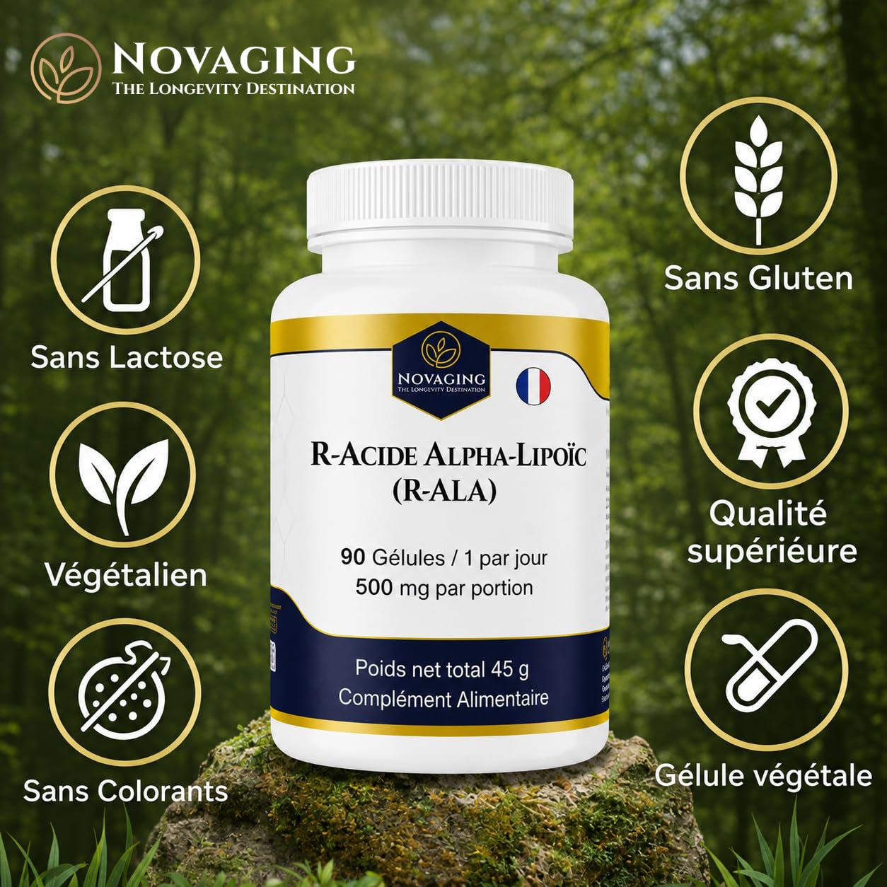 Acide Alpha-Lipoïque R-ALA 500mg 90 Capsules 100% Vegan 3 Mois de cure | R-ALA premium standardisée à 100 %, biodisponibilité élevée. Efficacité optimales. Testé sans OGM ni allergènes. NovAging®
